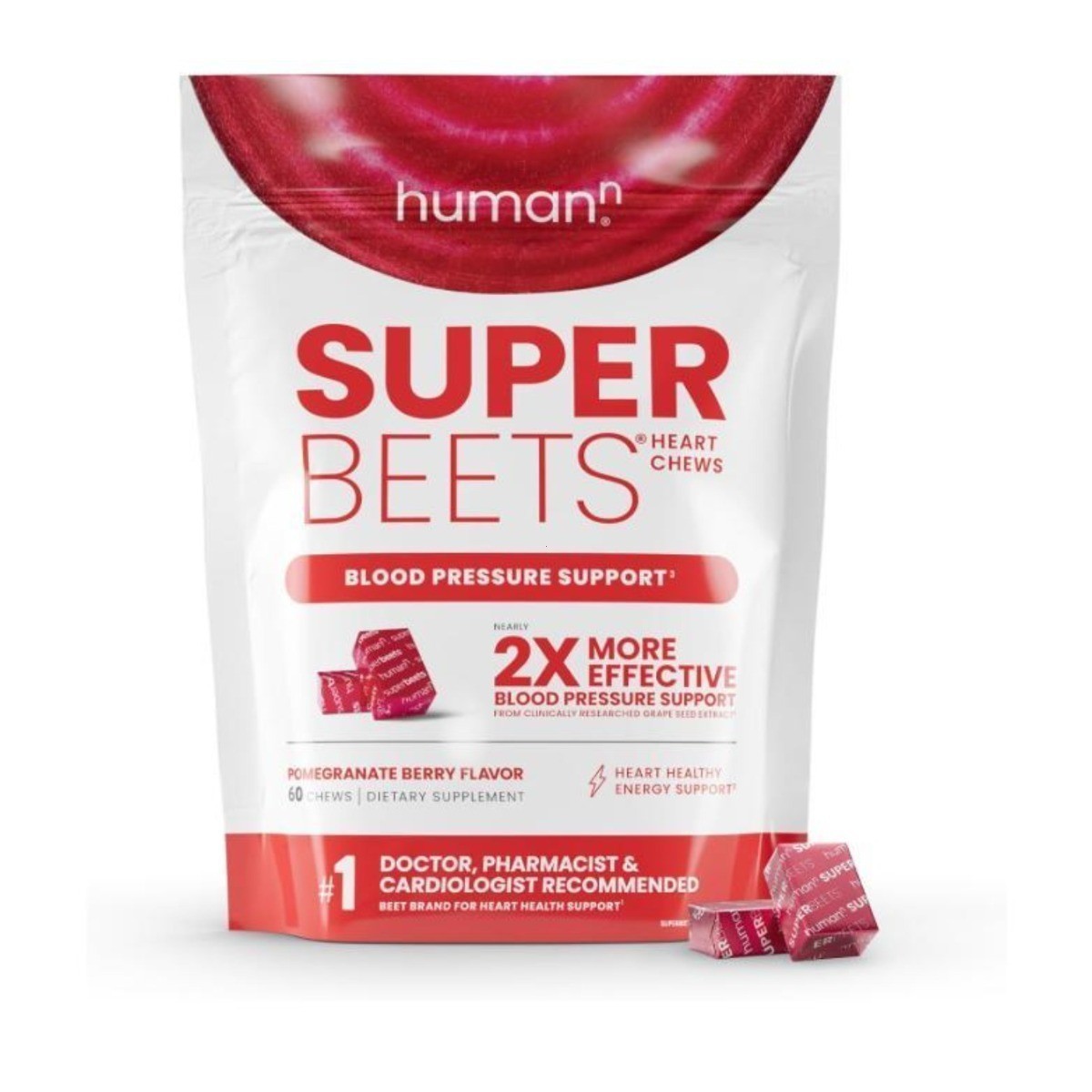 NEW Non-GMO Humann SuperBeets Heart Chews Pomegranate Berry 60 Count