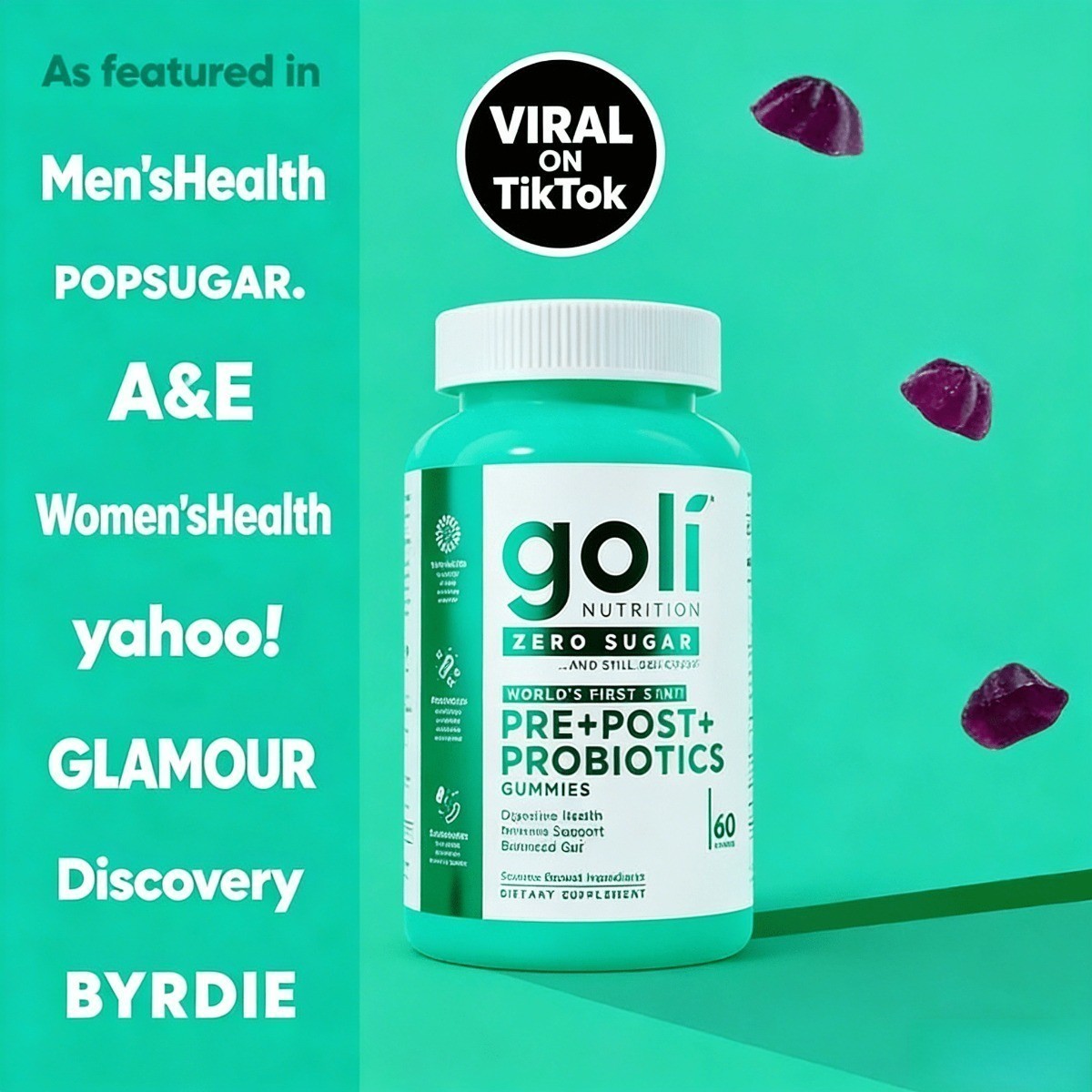 Complete Microbiome Support.Zero Sugar 3-in-1 Pre Pro Postbiotic Gummies by Goli