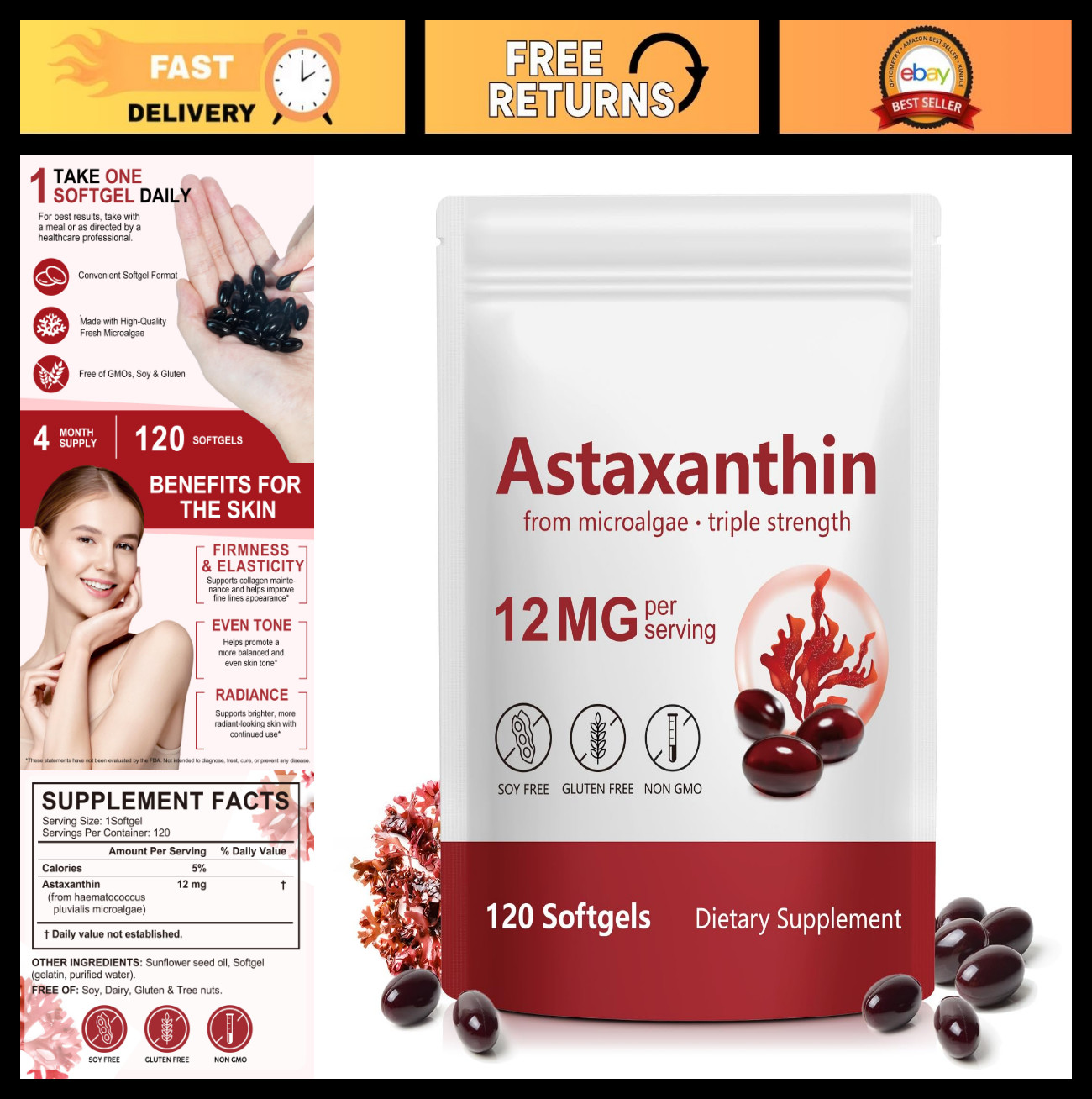 Astaxanthin 12mg Softgels – 120 Count, 4 Month Supply, Antioxidant for Eye, Join