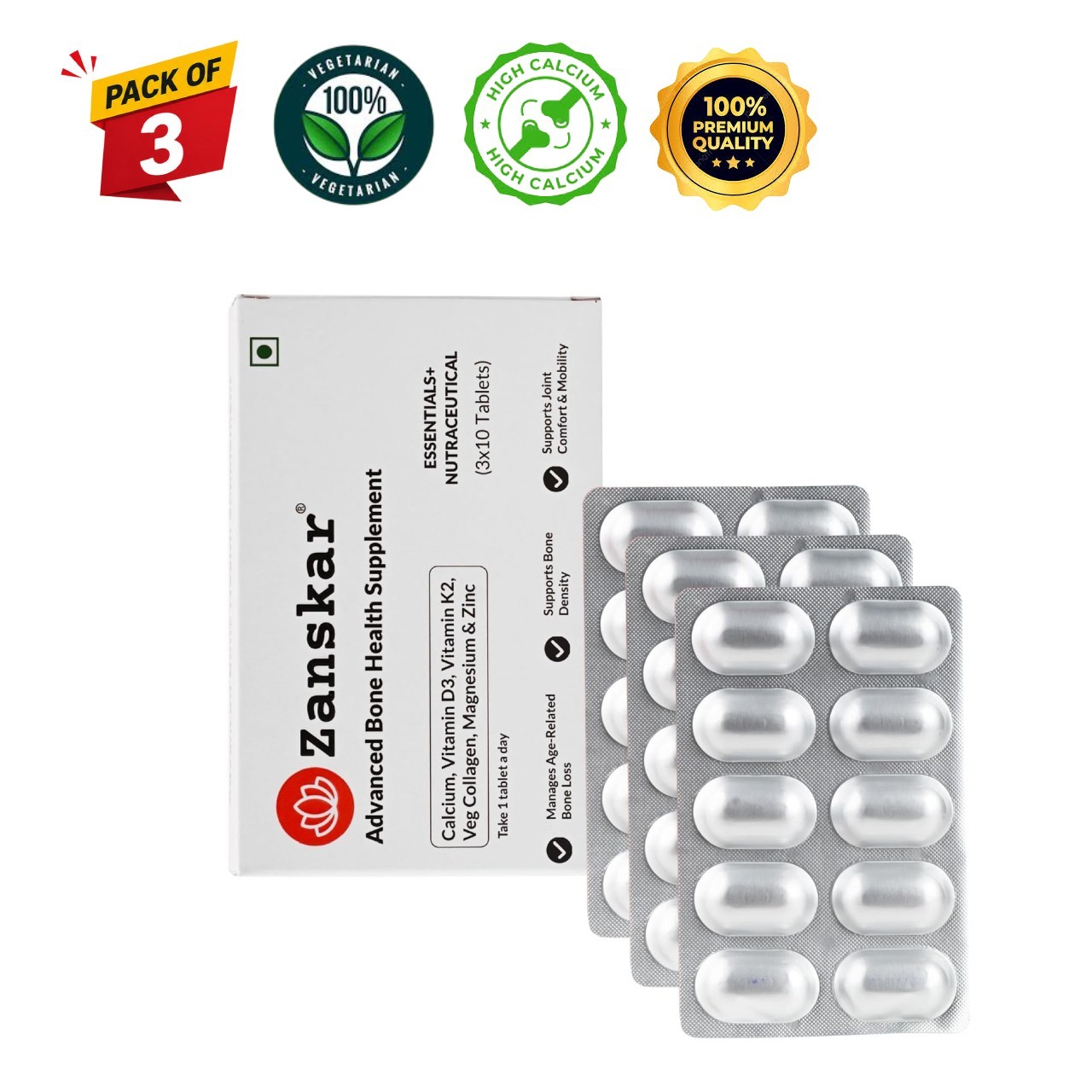 3 Pack Zans.kar Bone Health Tablets 90 Count