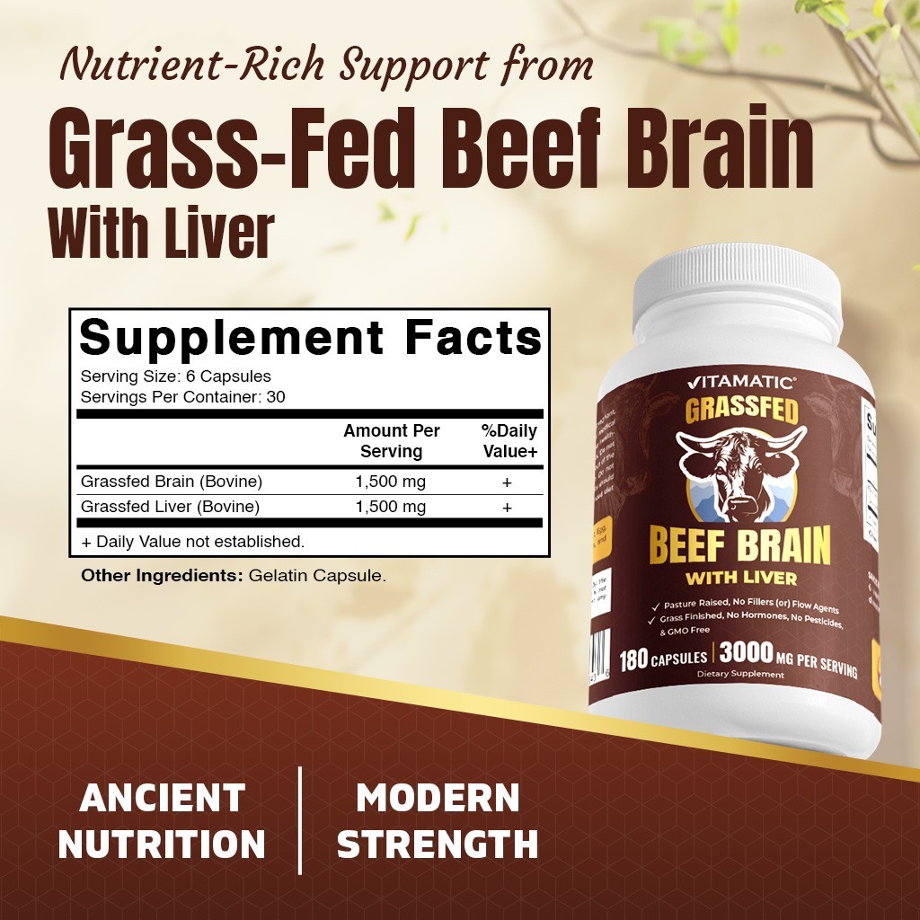 Vitamatic Grass Fed Beef Brain with Liver – 180 Capsules