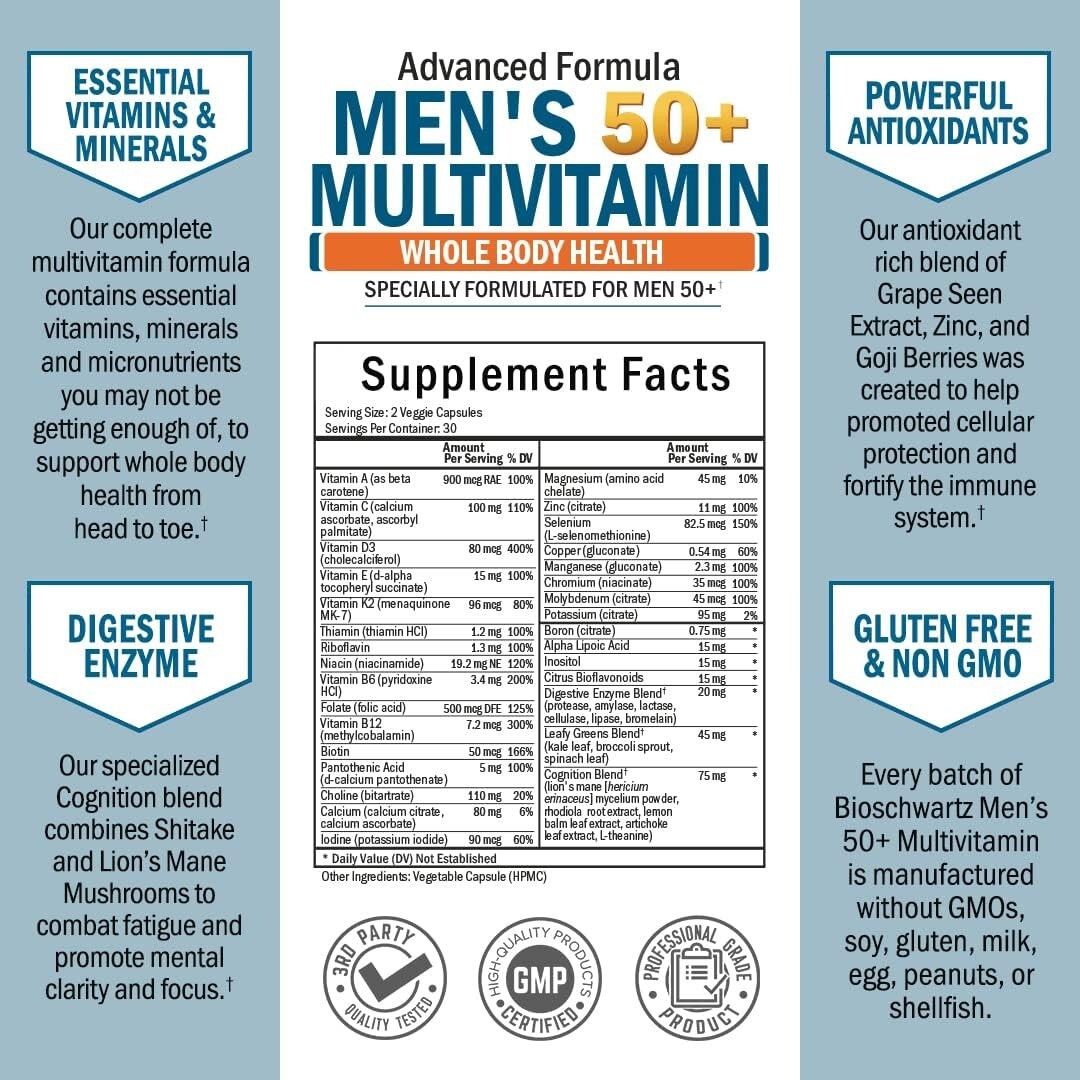 Once Daily Multivitamin for Men 50 & Over Supplement, Heart Health Support 60 Ct