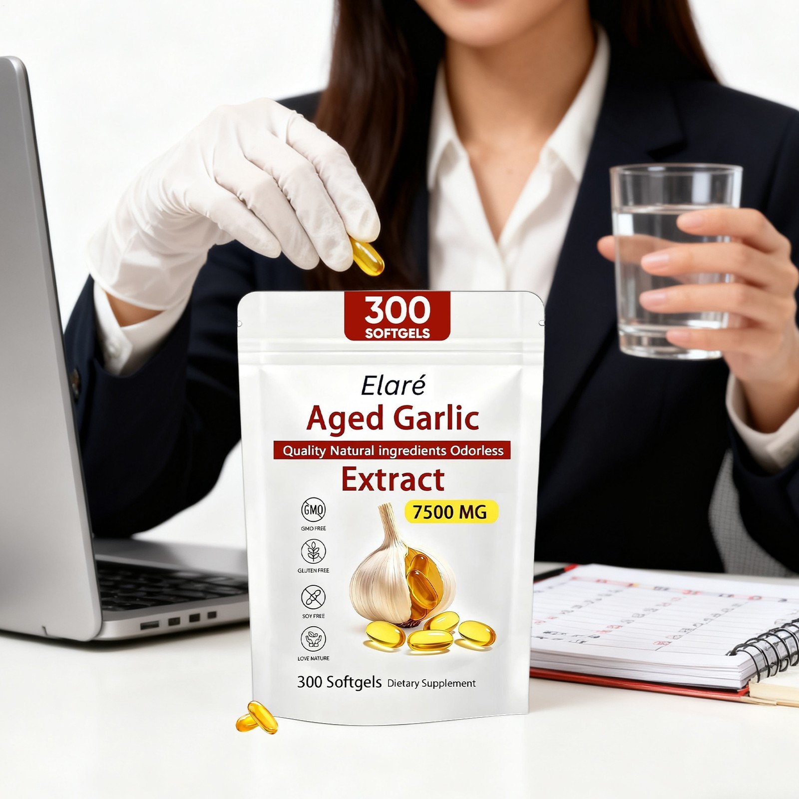 2X Elare Aged Garlic Extract, 300 Softgels, 7500mg Odorless | Heart & Immune
