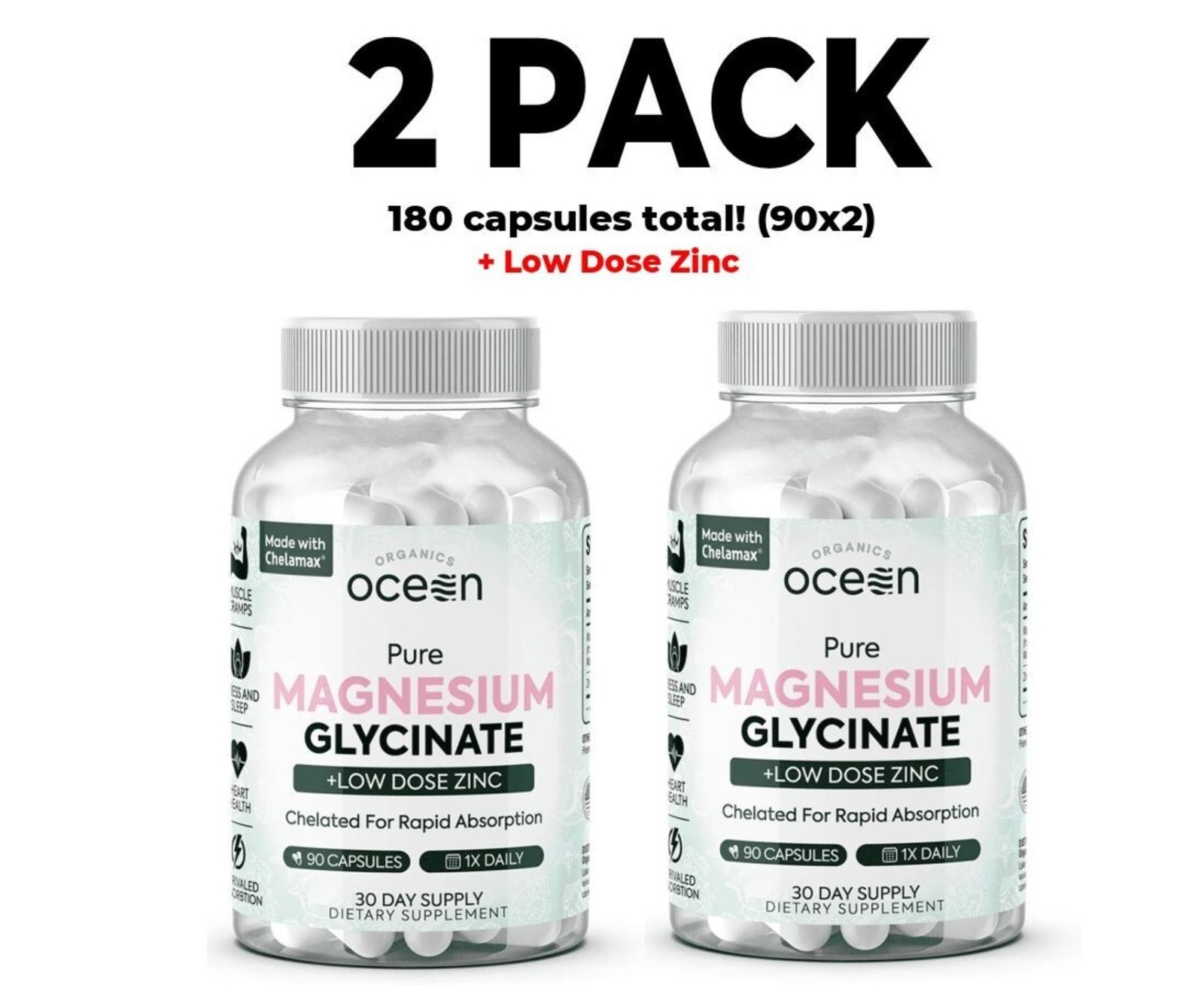 2 PACK-Organics Ocean Pure Magnesium Glycinate with Zinc, 90 Capsules, Chelated