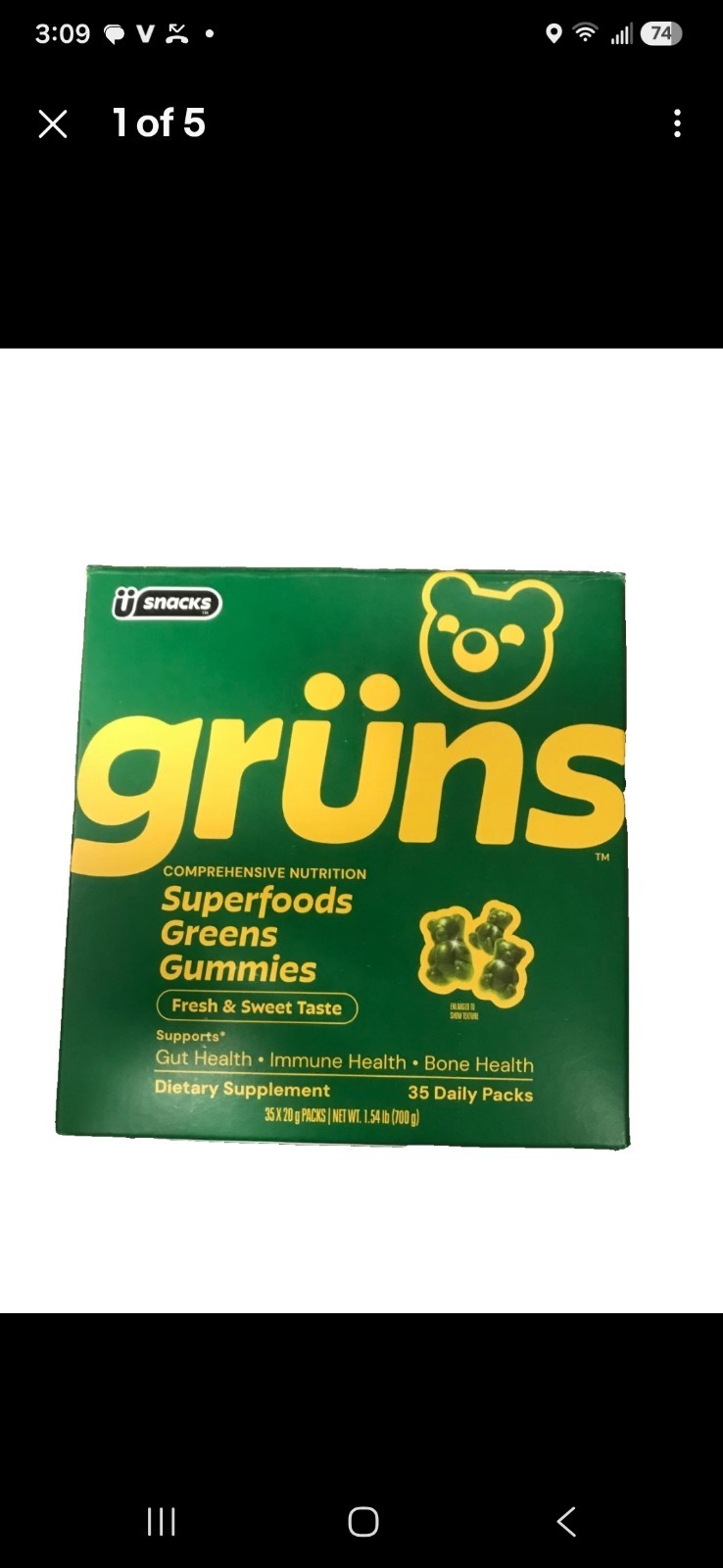 Grüns Adult Greens Gummies Superfood Multivitamin, 35 Daily Packs. NEW