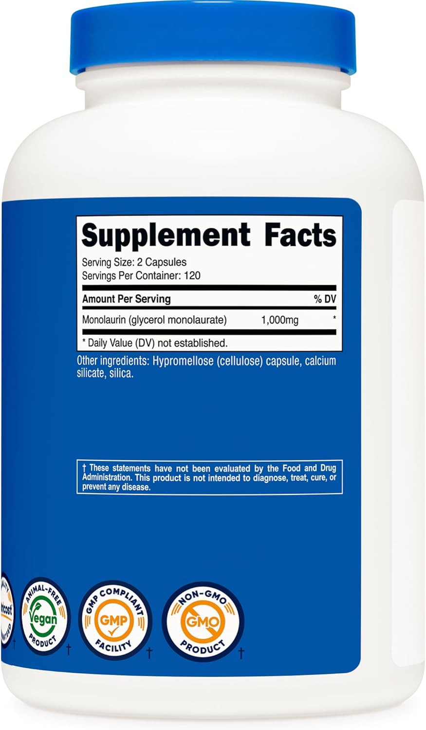 Monolaurin 1000 mg (120 Servings, 240 Capsules) – Gluten-Free, Non GMO, Vegan