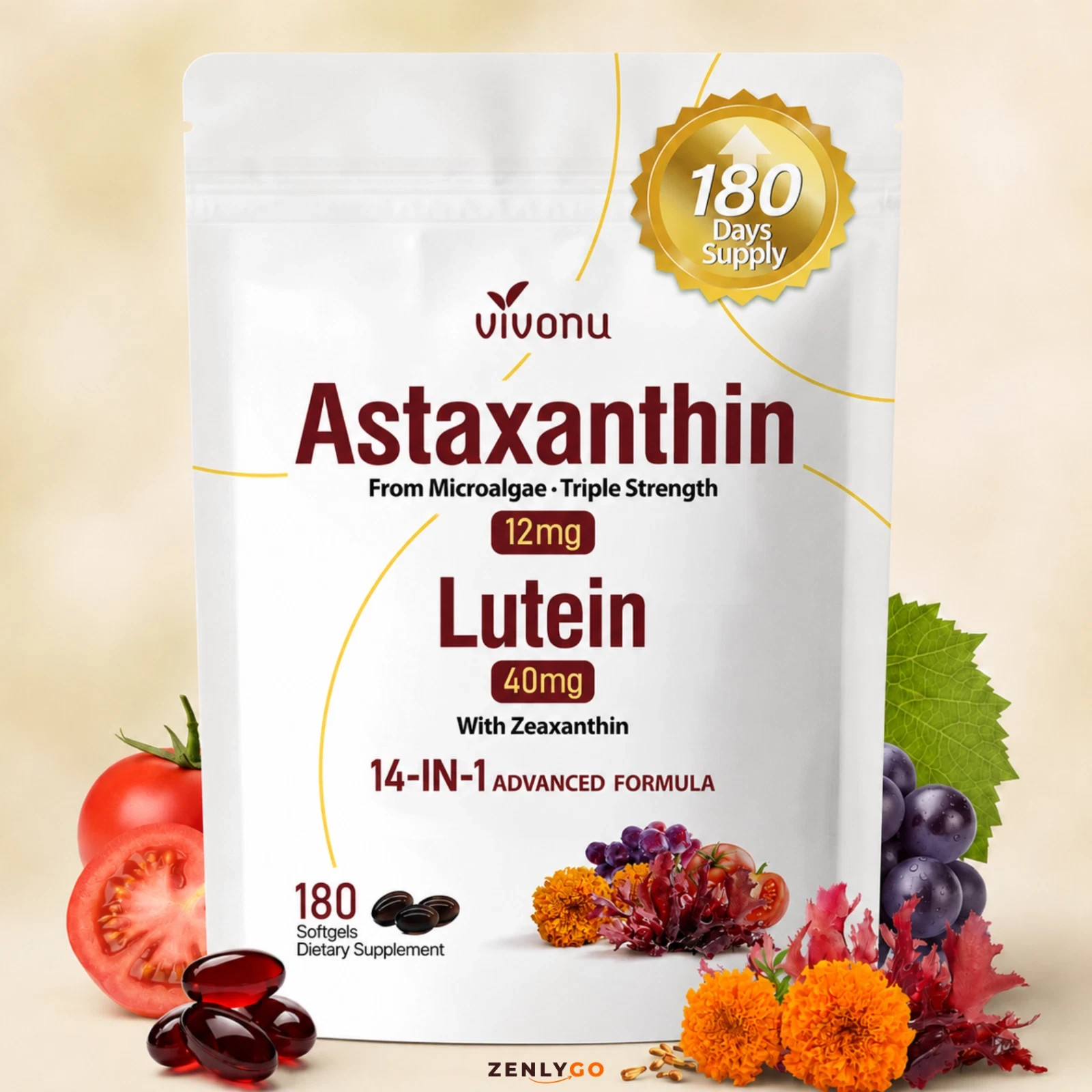 VivoNu 14-in-1 Astaxanthin 12mg & Lutein 40mg with Zeaxanthin Supplements, 6 Mon
