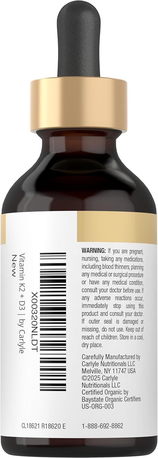 Vitamin D3 K2 MK7 Liquid Drops | 2 Fl Oz | Vegetarian, Non-GMO | by Carlyle