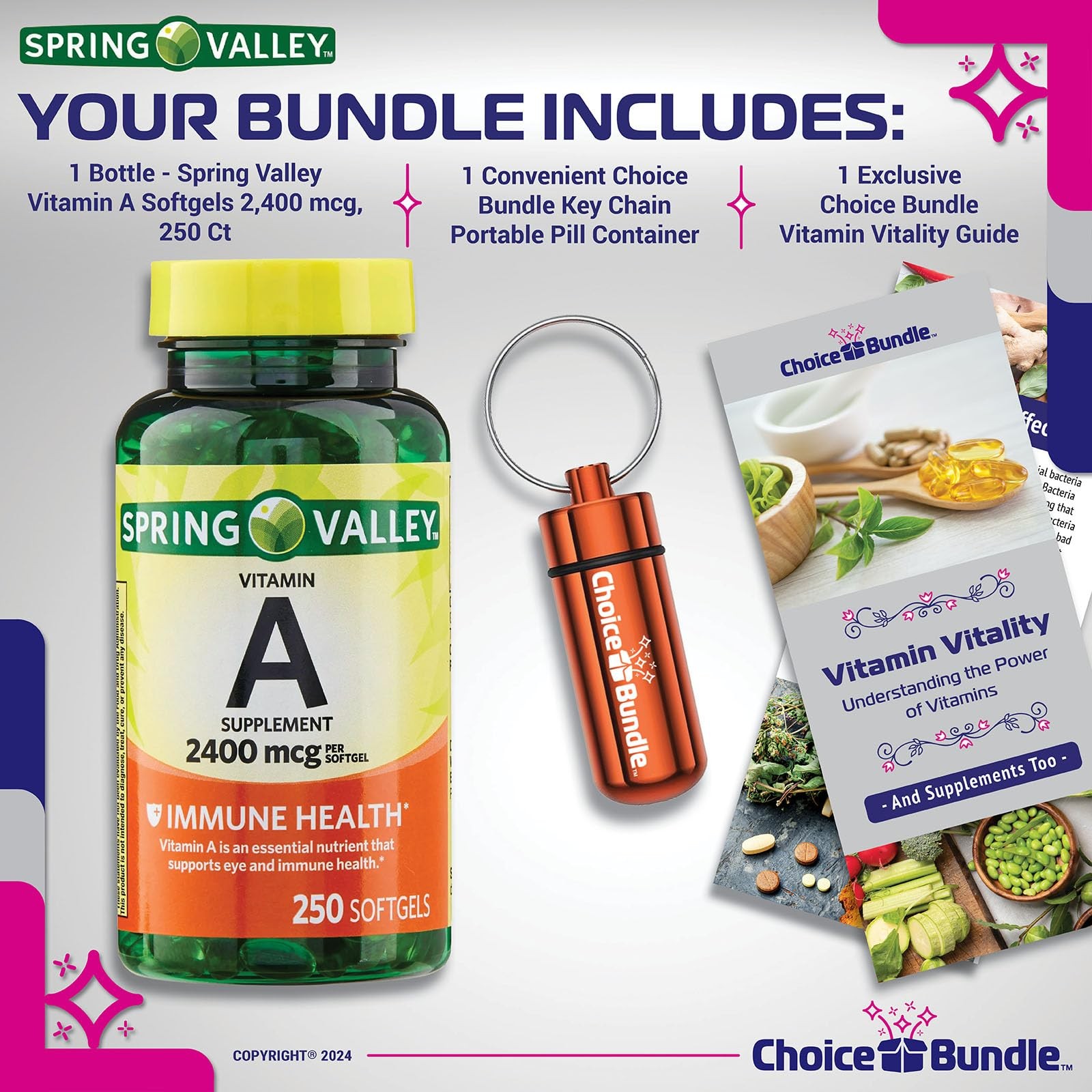 Spring Valley Vitamin A 2400mcg 8000 IU 250 Softgels + Bonus Vit Guide & Case