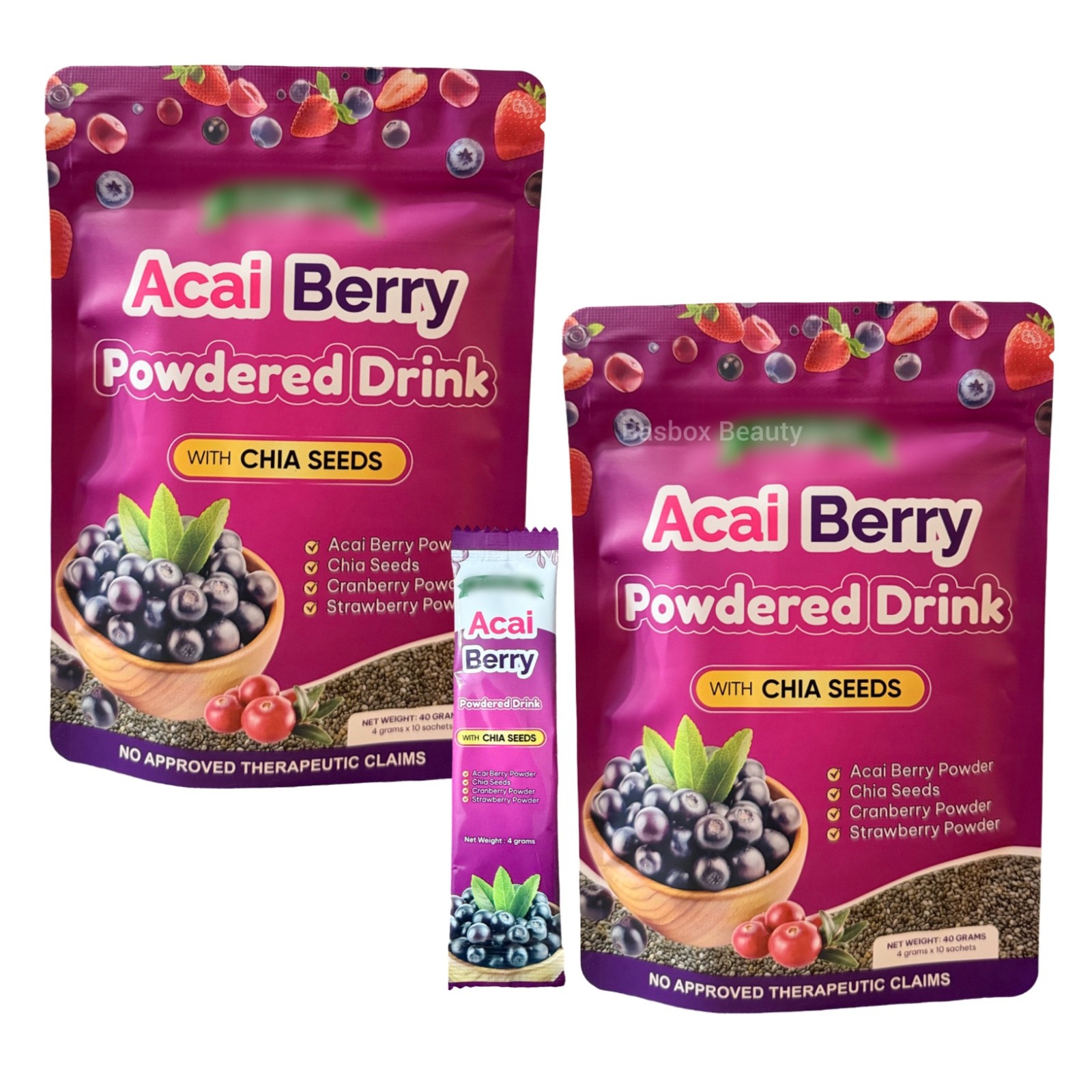 2-Pack Ftgum Acai Berry Powdered Drink w/ Chia Seeds, Strawberry & Cranberry