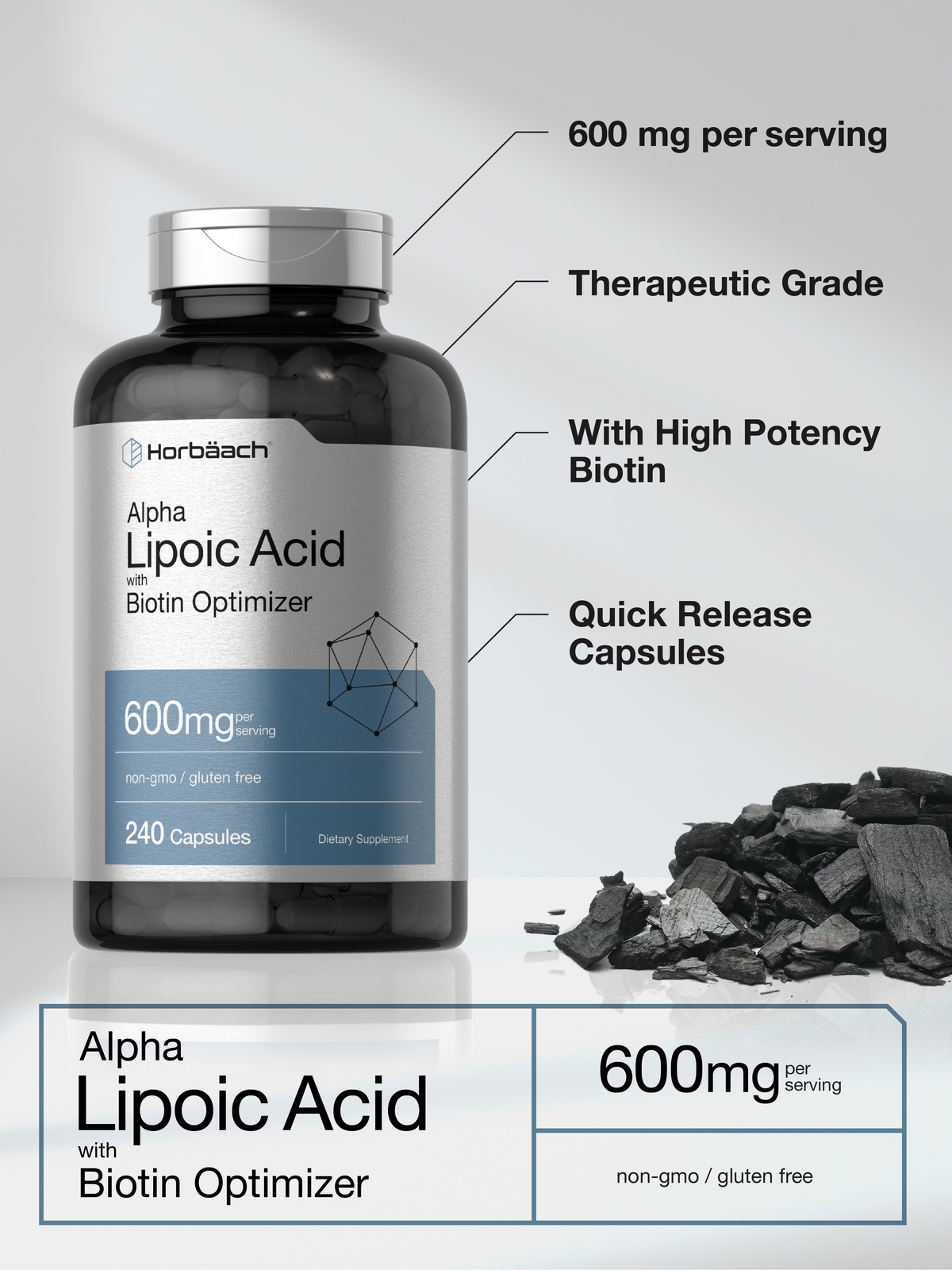 Alpha Lipoic Acid 600mg | 240 Capsules | with Biotin Optimizer | by Horbaach