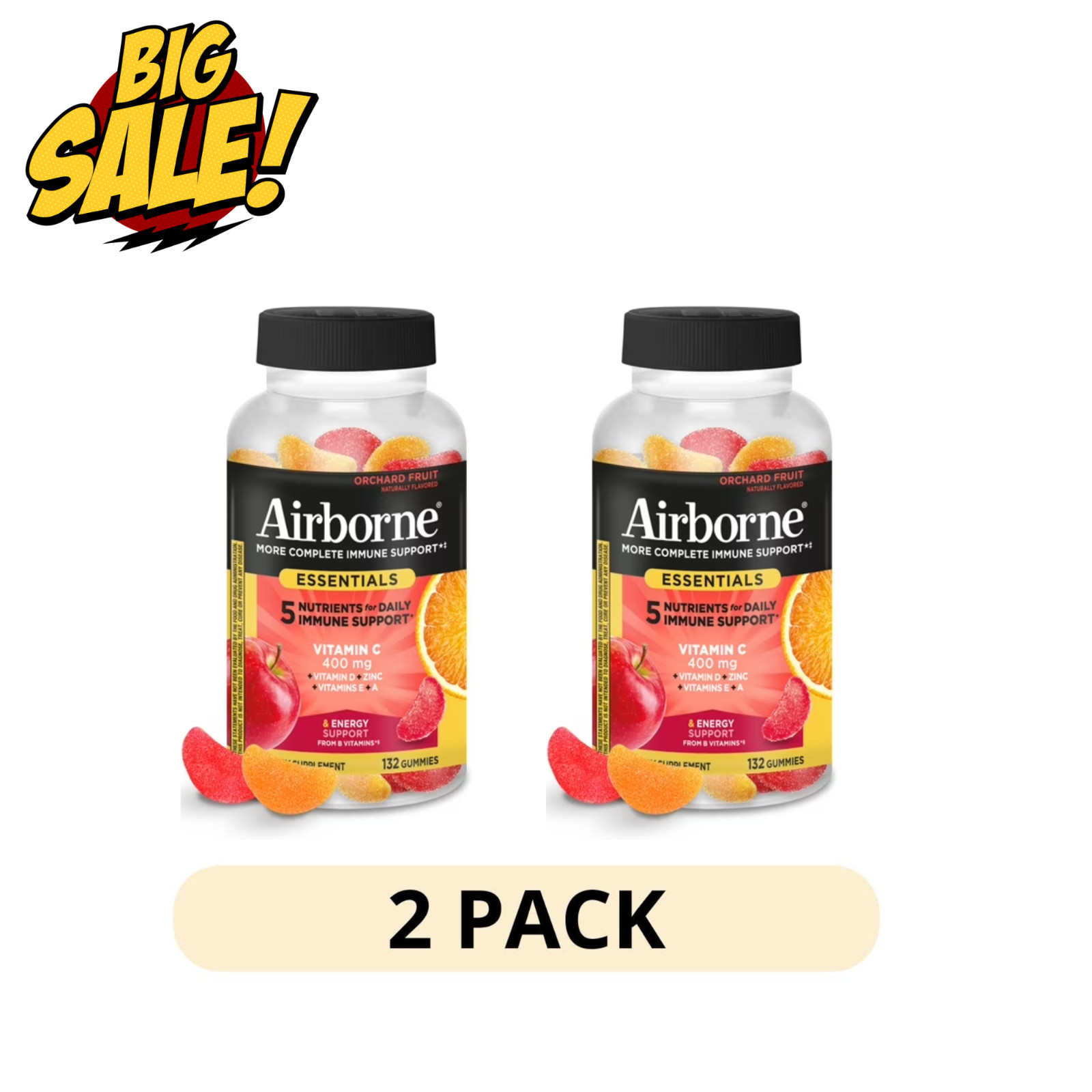2 Pack Airborne Vitamin C Gummies Immune Essentials Assorted Fruit 132 Count