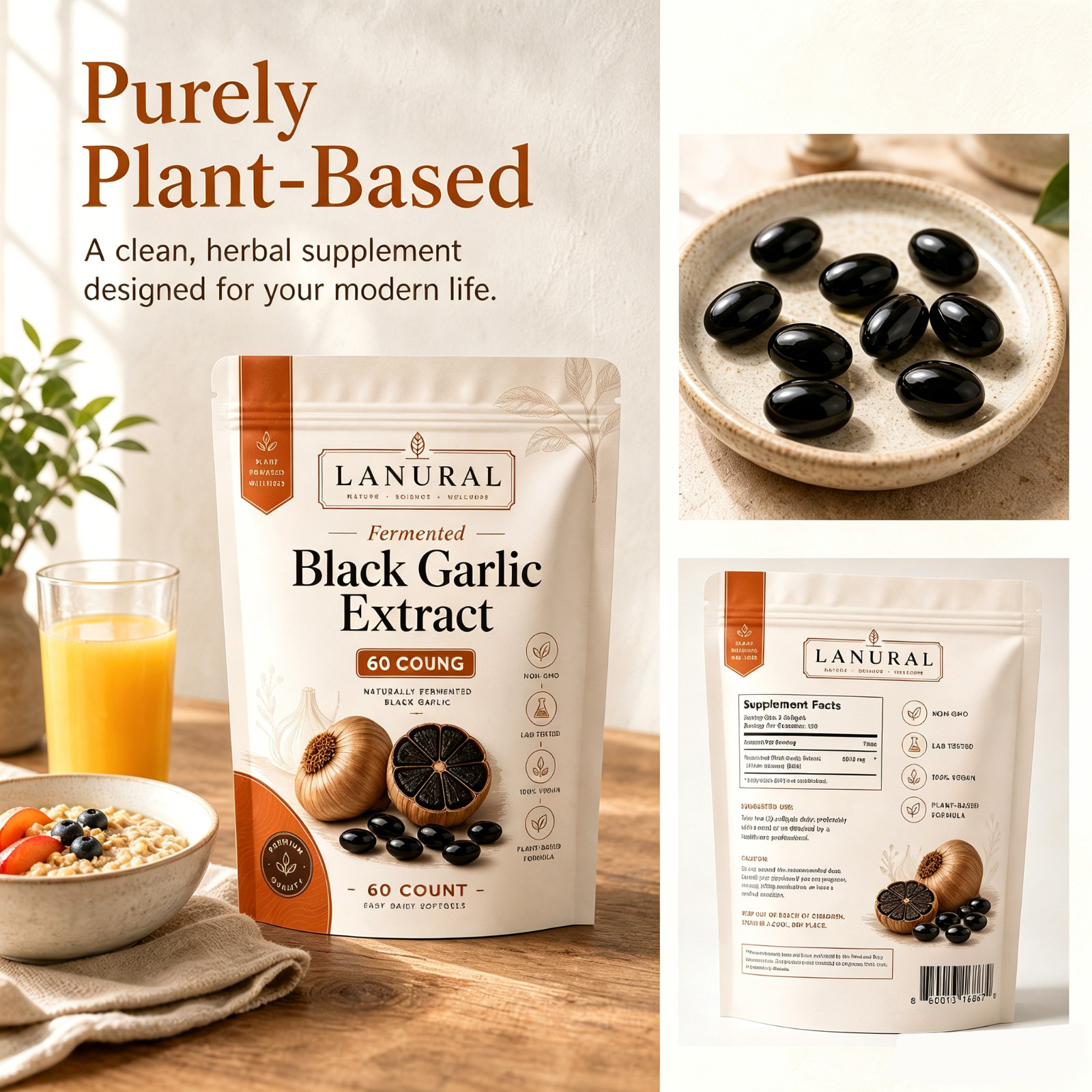 Fermented Lanural Black Garlic, Odorless Capsules, 60 Count