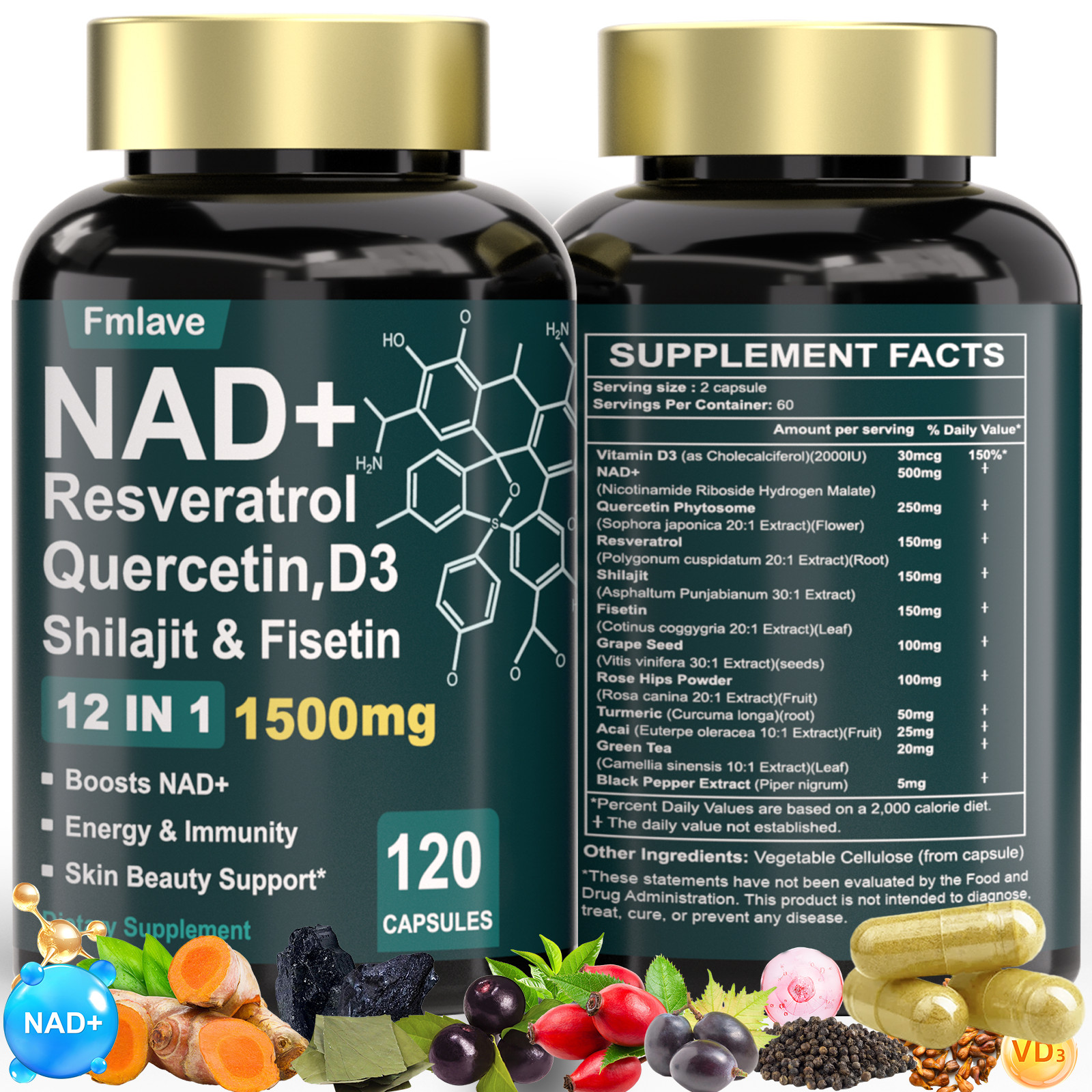 4pack NAD+ Supplement 1500Mg with Resveratrol Fisetin Nad plus Boosting 480 Caps