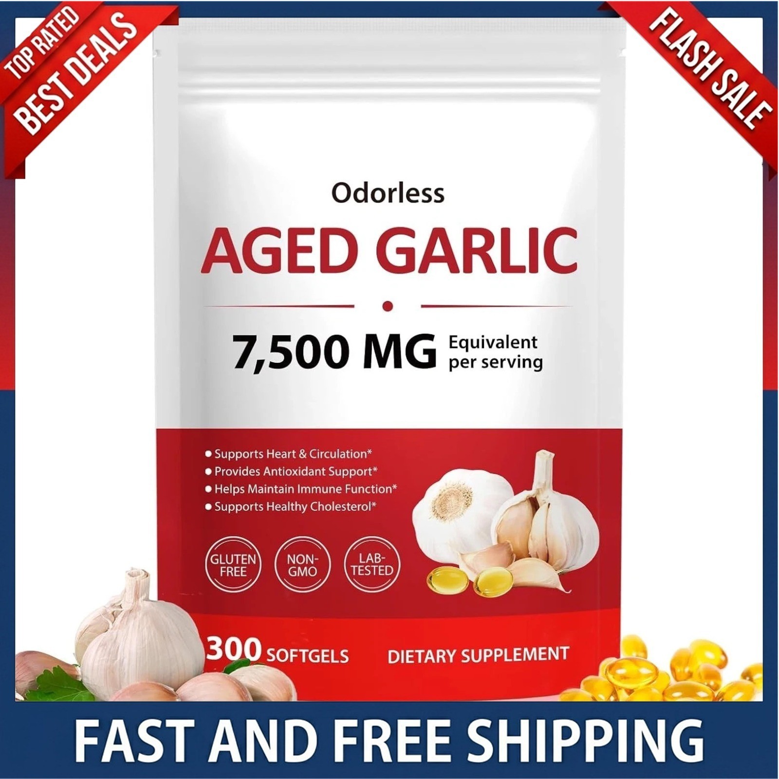 Odorless Garlic 7500Mg per Servings, 300 Softgels | 2 Years Aged Garlic Extra…