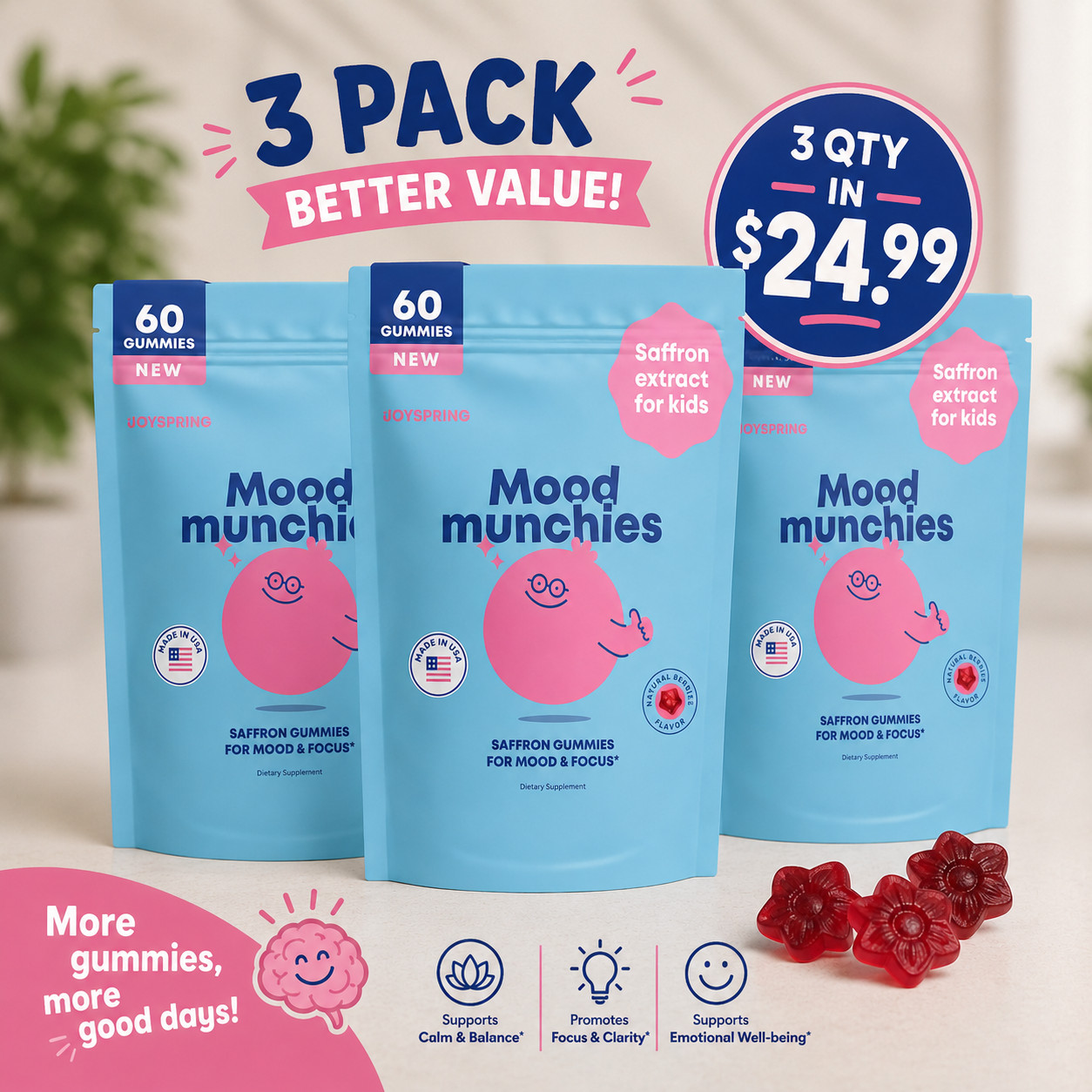 JoySpring 3 Mood Munchies Saffron Gummies for Kids | Saffron Extract Supplement