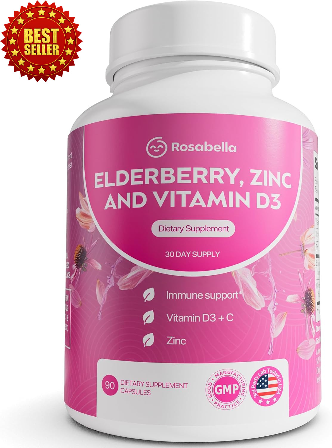 Rosabella Elderberry Supplement Capsules 90 Count Zinc Vitamin C D3 Vegan