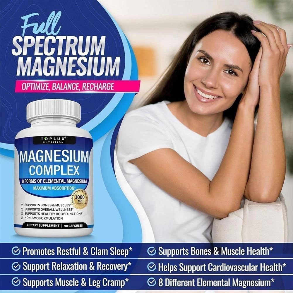 1-3Pack Toplux Nutrition Magnesium Complex 1000mg Supports 8 Elemental Magnesium