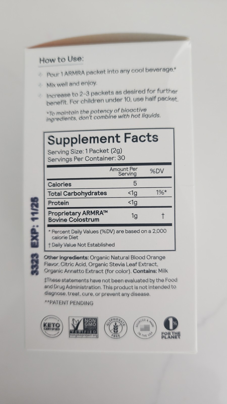 ARMRA Bovine Colostrum Superfood Grass-Fed Immune Fitness Brain Blood Orange 30