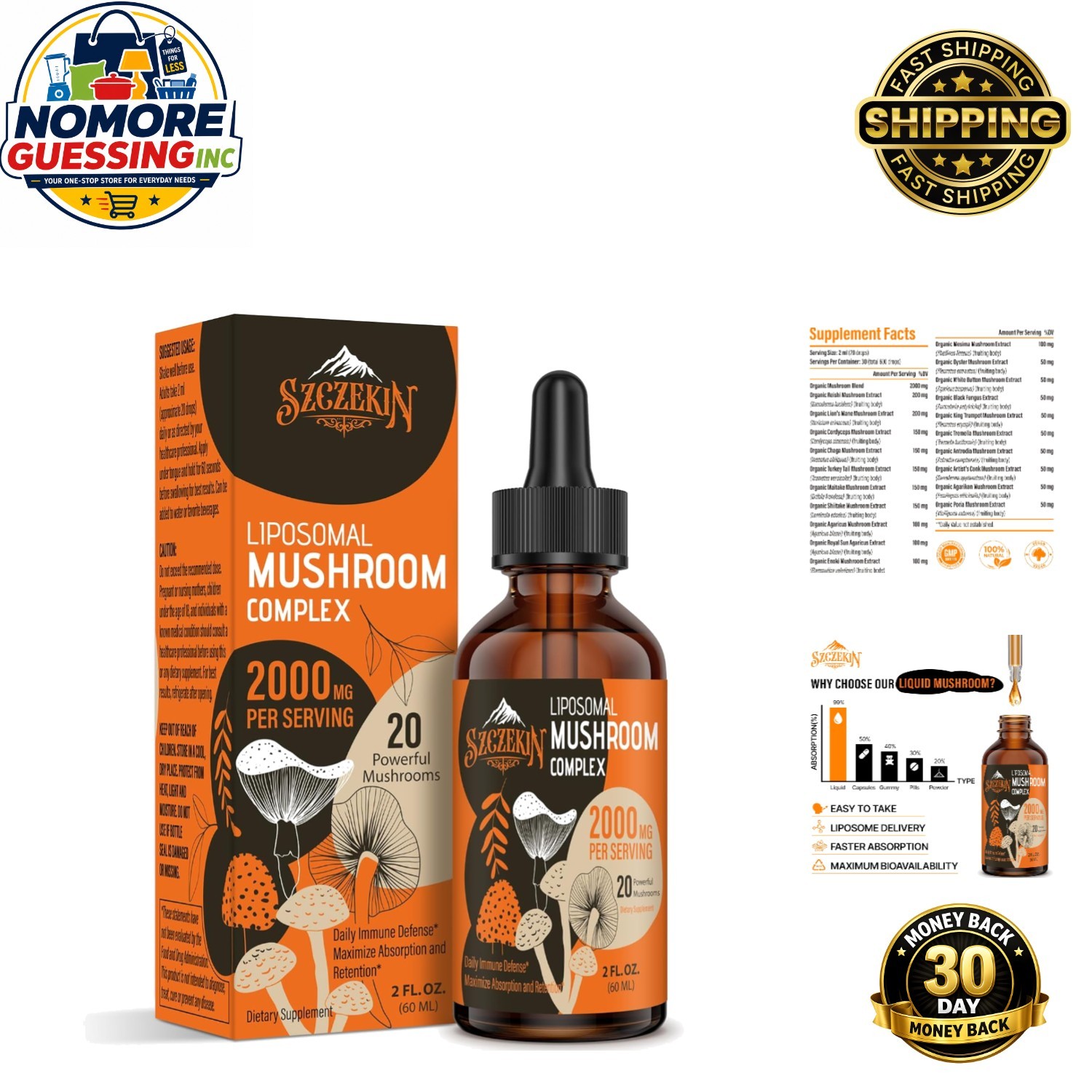2000 MG Liposomal Mushroom Drops – 20 Organic Extracts for Immunity & Focus