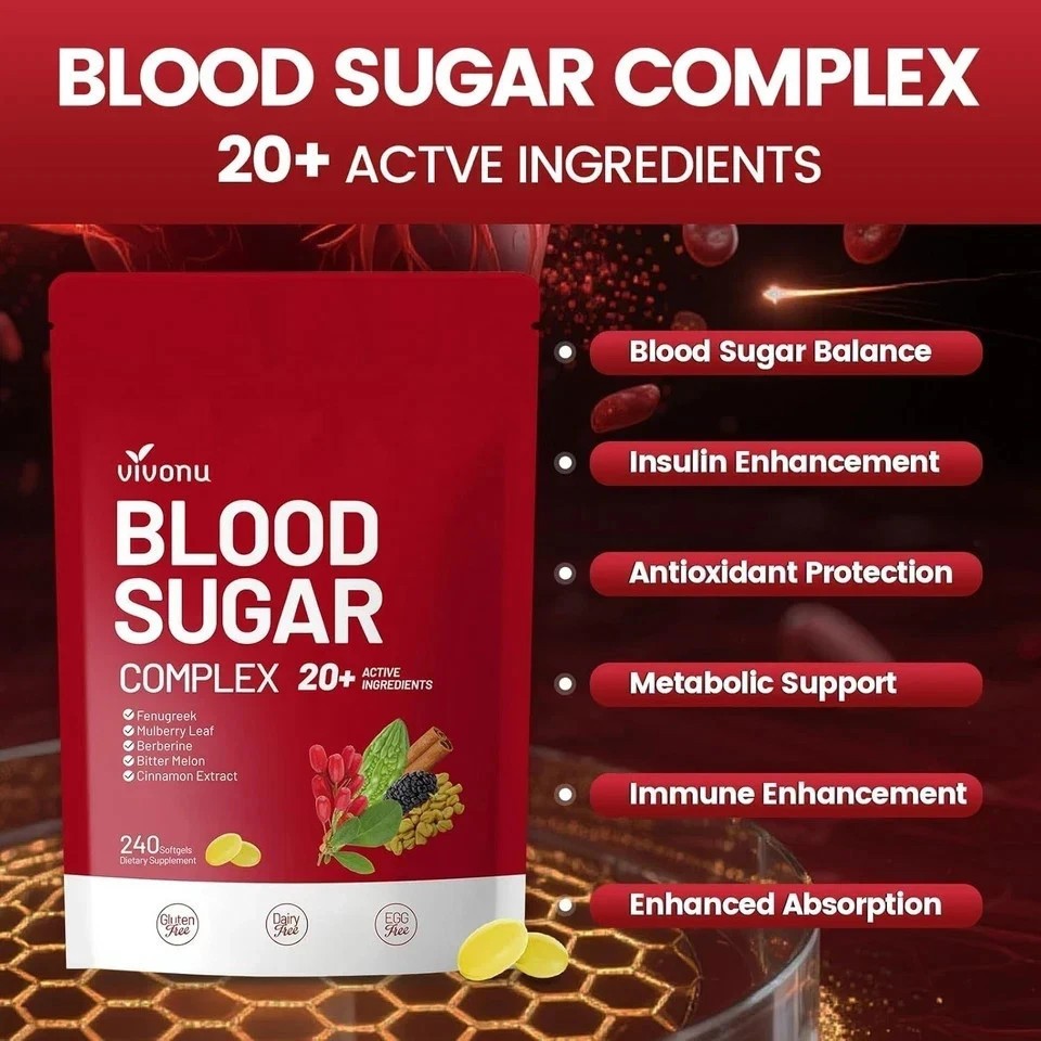VivoNu Blood Sugar Complex Supplement with 20 Herbs and Vitamins 240 Softgels