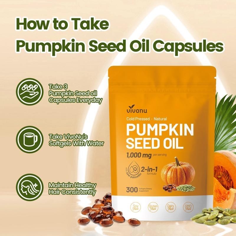 2 PACKS–NEW LUXRY VIVONU Pumpkin Seed Oil 1000mg with Saw Palmetto 300 Softgels