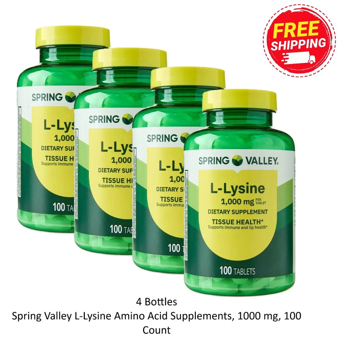 (4 Pack) Spring Valley L-Lysine Amino Acid Supplements, 1000 mg, 100 Count