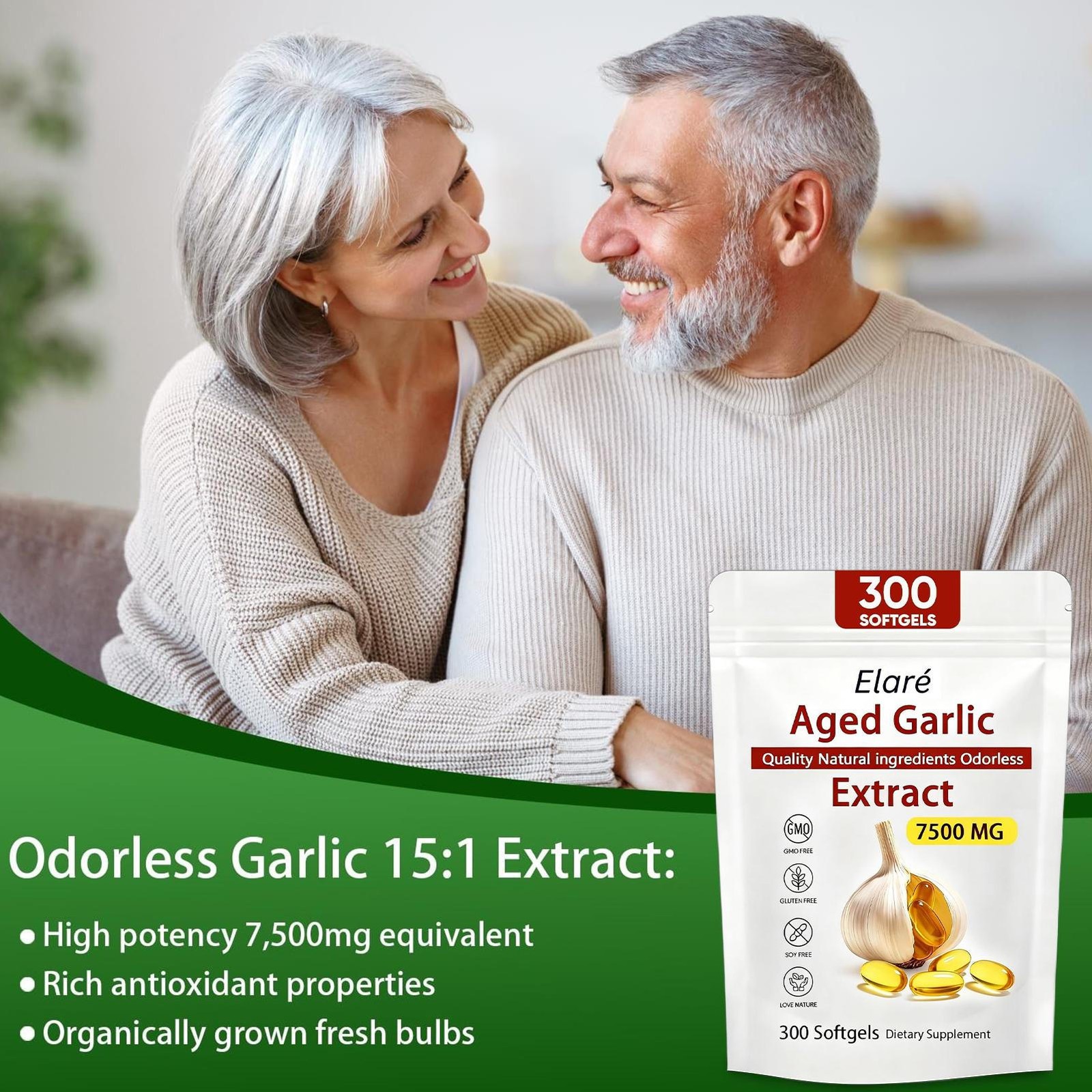 Elare Extract, Garlic Aged 300 Softgels, 7500mg Odorless | Heart & Immune