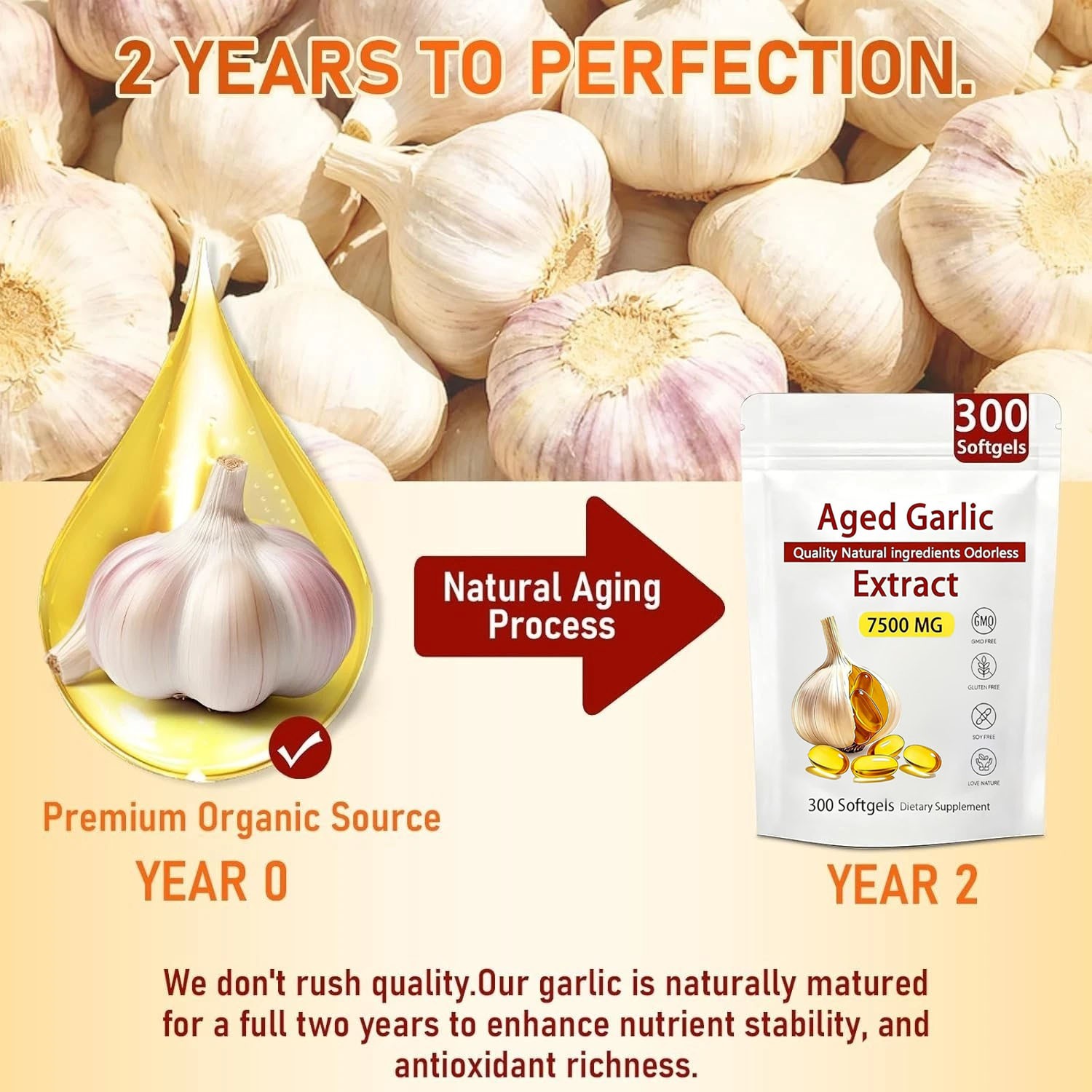 Odorless Garlic 7500mg Per Servings, 300 Softgels | 2 Years Aged Garlic Extra…