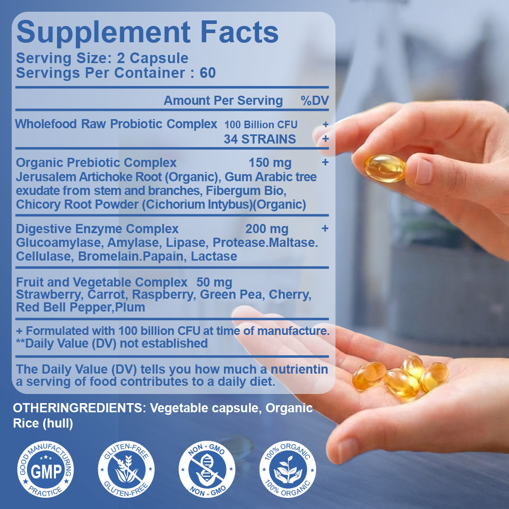 Probiotics Digestive Enzymes 100 Billion CFU Potency Immune Health 120 Capsules