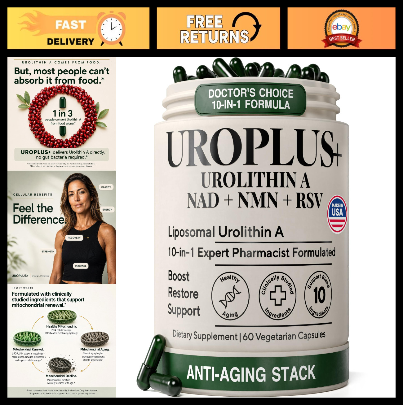 Liposomal Urolithin A 1250mg Complex | NAD+, NMD, Resveratrol | Energy, Cellular