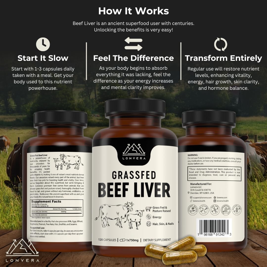 Lonvera Grass Fed Beef Liver Capsules for Women and Men – 120 Capsules BRAND NEW