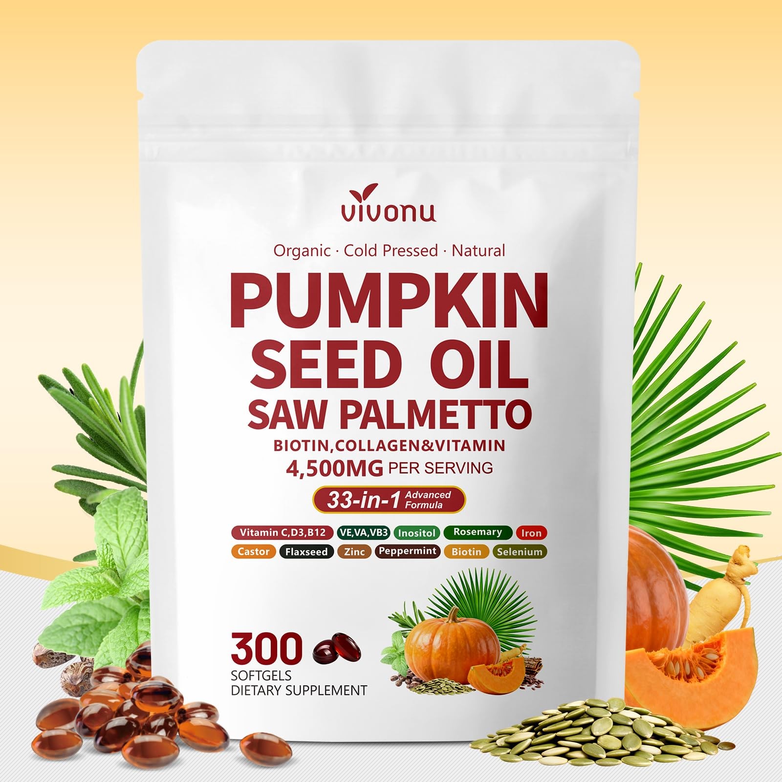 Pumpkin Seed Oil with Saw Palmetto Capsules | 300 Count (Pack of 1)