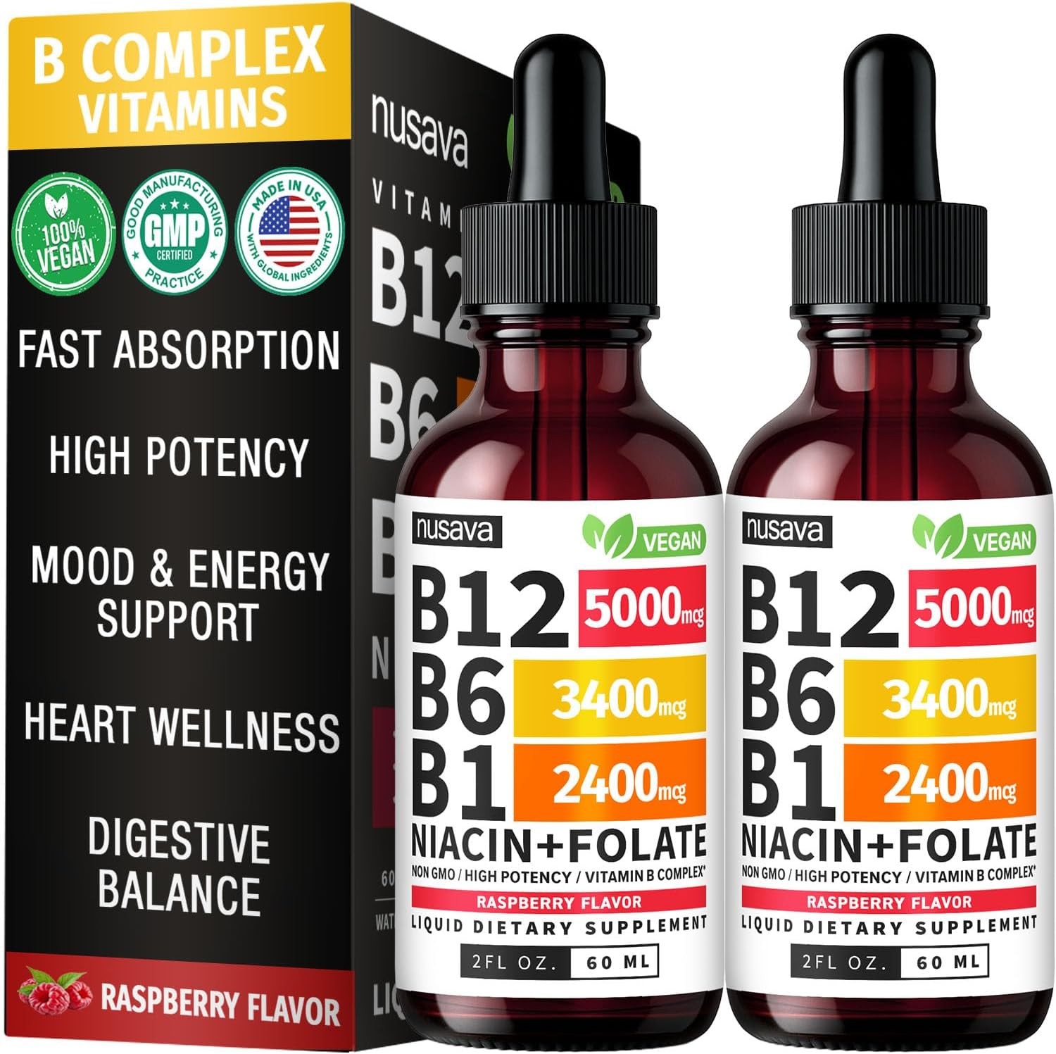 Vitamin B12 B6 Sublingual Liquid Drops 2 Bottles Full B Complex Energy Support