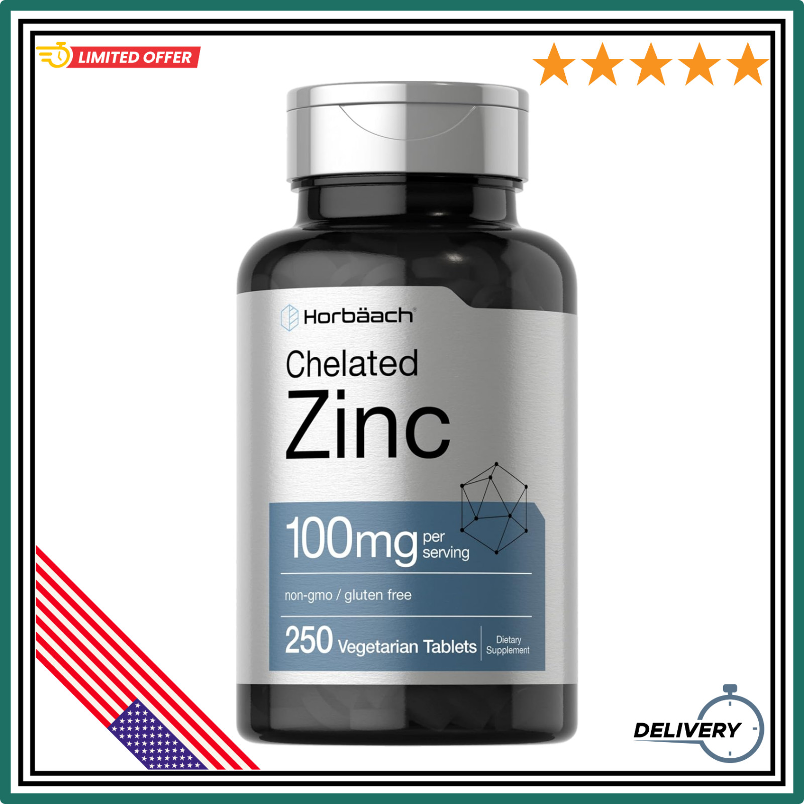 Chelated Zinc Supplement 100mg | 250 Tablets | High Potency | by Horbaach