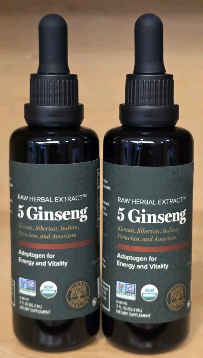 Lot Of 2 Global Healing Raw Herbal Extract 5 Ginseng Liquid Drops 2 fl.oz 08/28