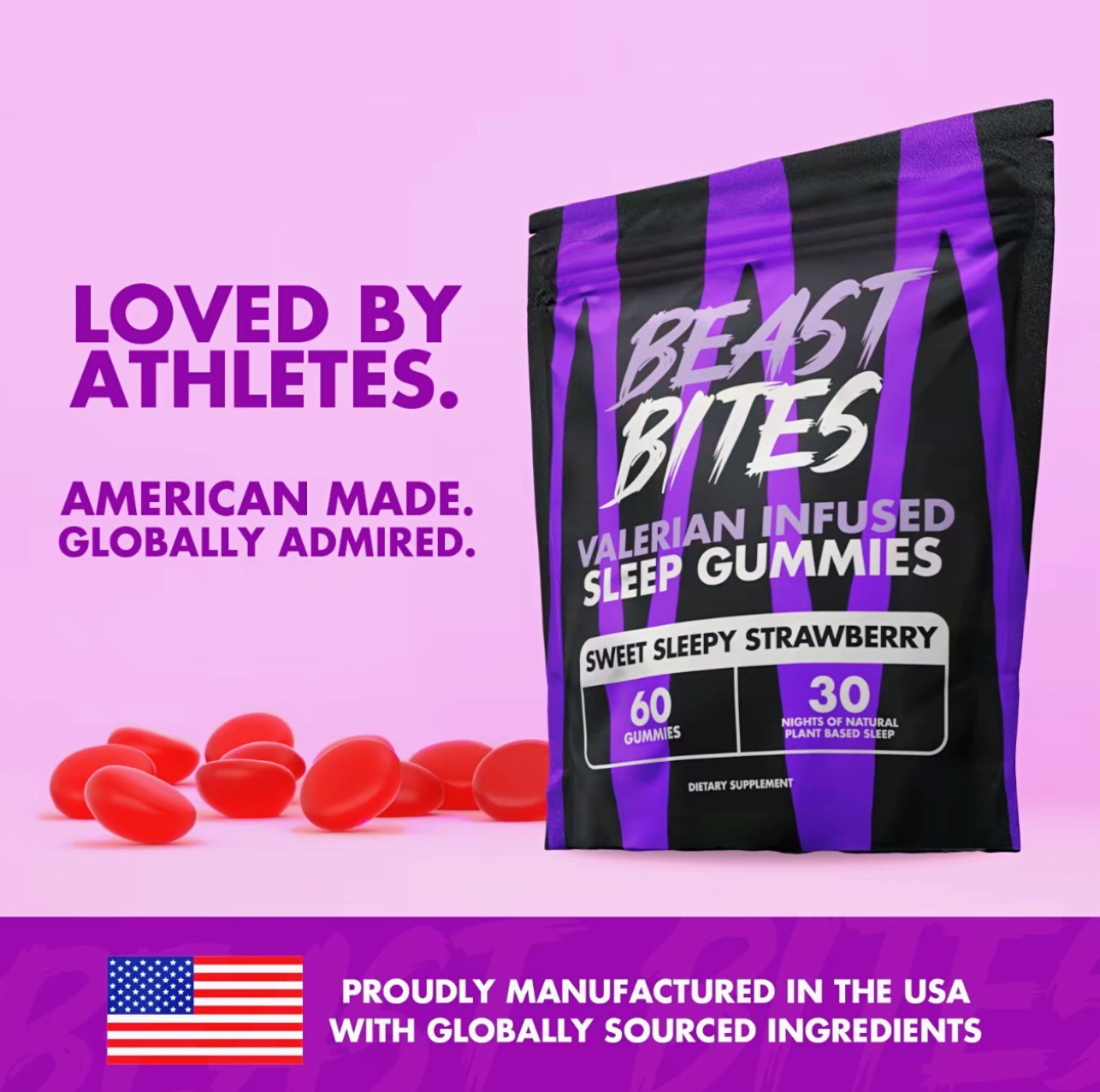 Beast Bites Sleep Gummies Valerian Infused Strawberry Natural Sleep Aid 60 Count