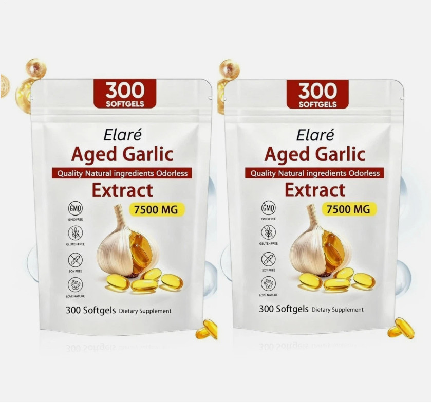 300 Softgels, 2Pack Elare Aged Garlic Extract, 7500mg Odorless Heart & Immune