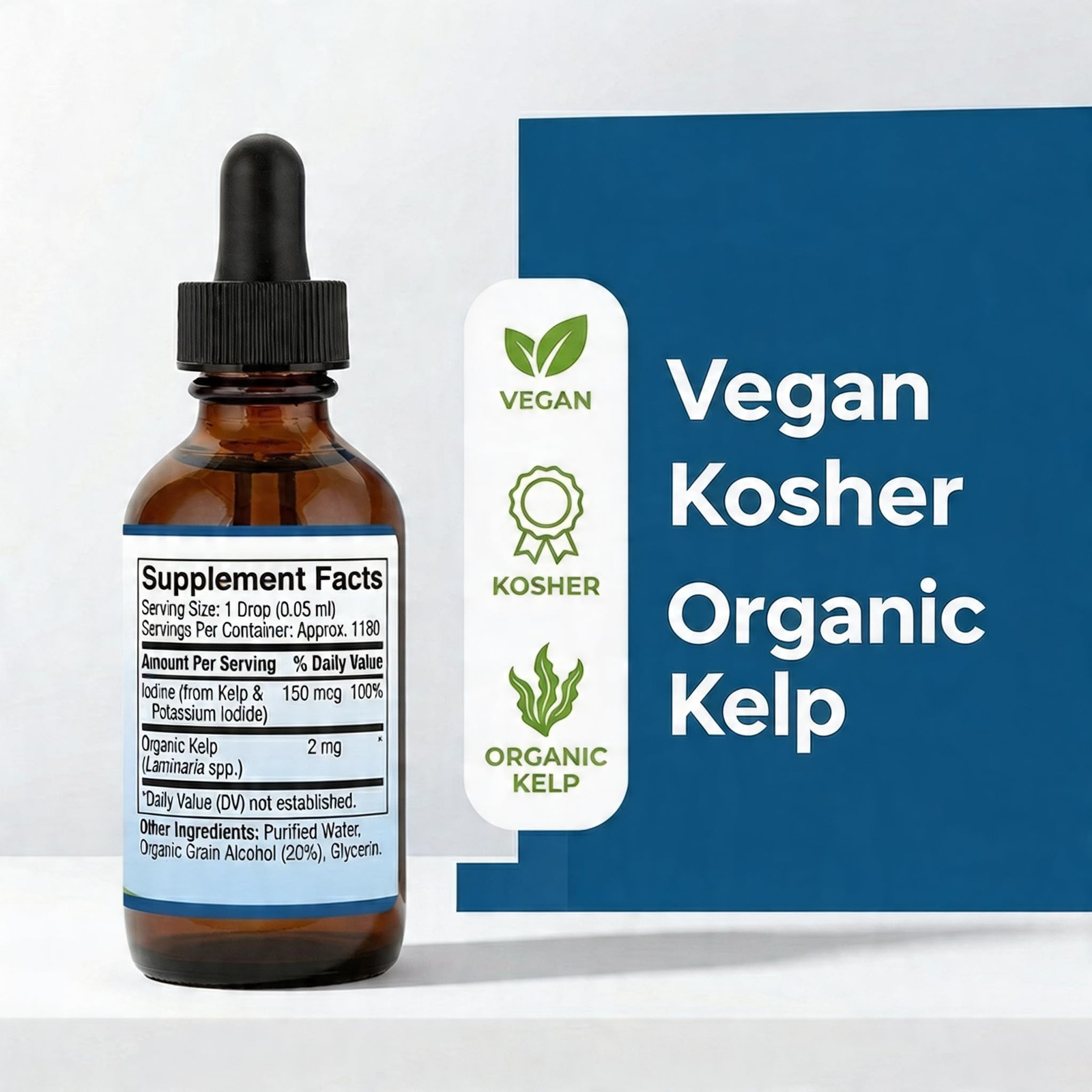 Liquid Iodine Drops 150 mcg – Iodine Supplement with Organic Kelp – 1300 Serving