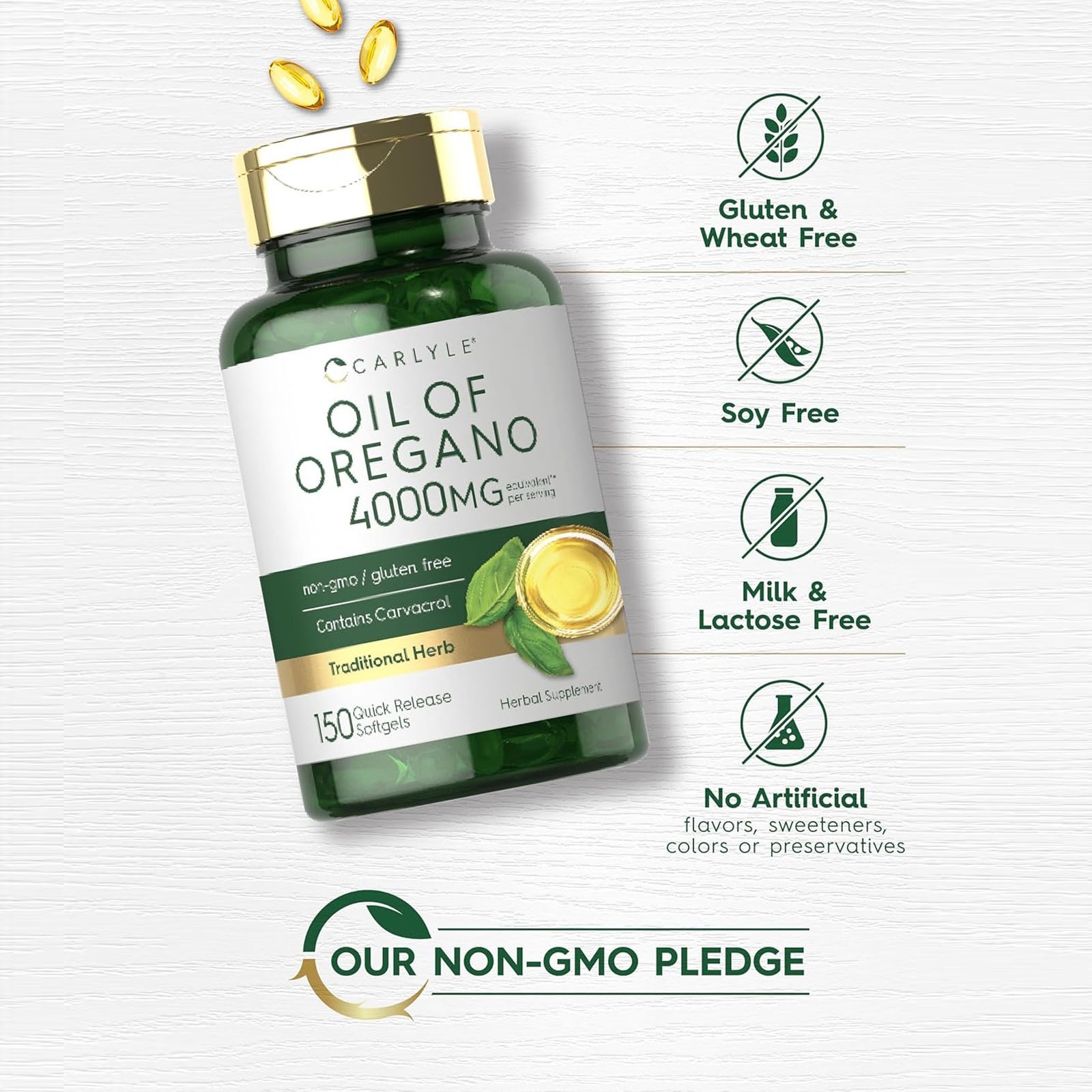 Carlyle Oregano Oil 400mg Supplement, 150 Softgels, Rich in Carvacrol, Non-GMO &