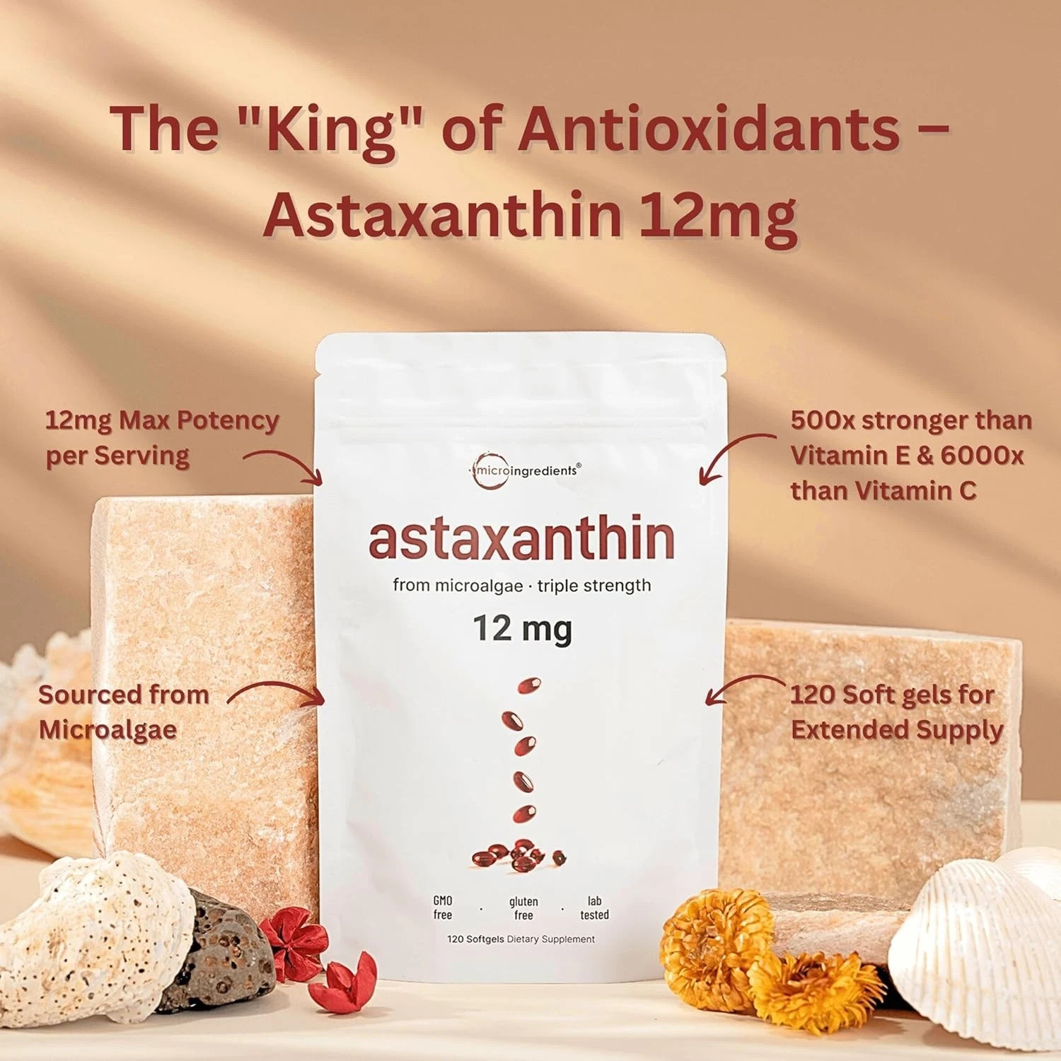 Astaxanthin 12mg,Micro Ingredients, Natural Antioxidant, Easy to Swallow