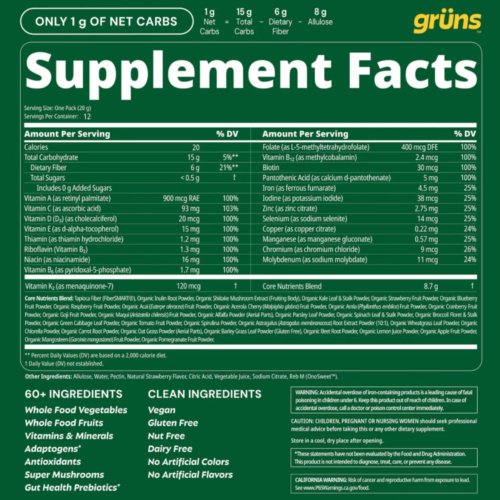Gruns Adult Sugar Free Superfoods Greens Gummies – 240g/12 Servings