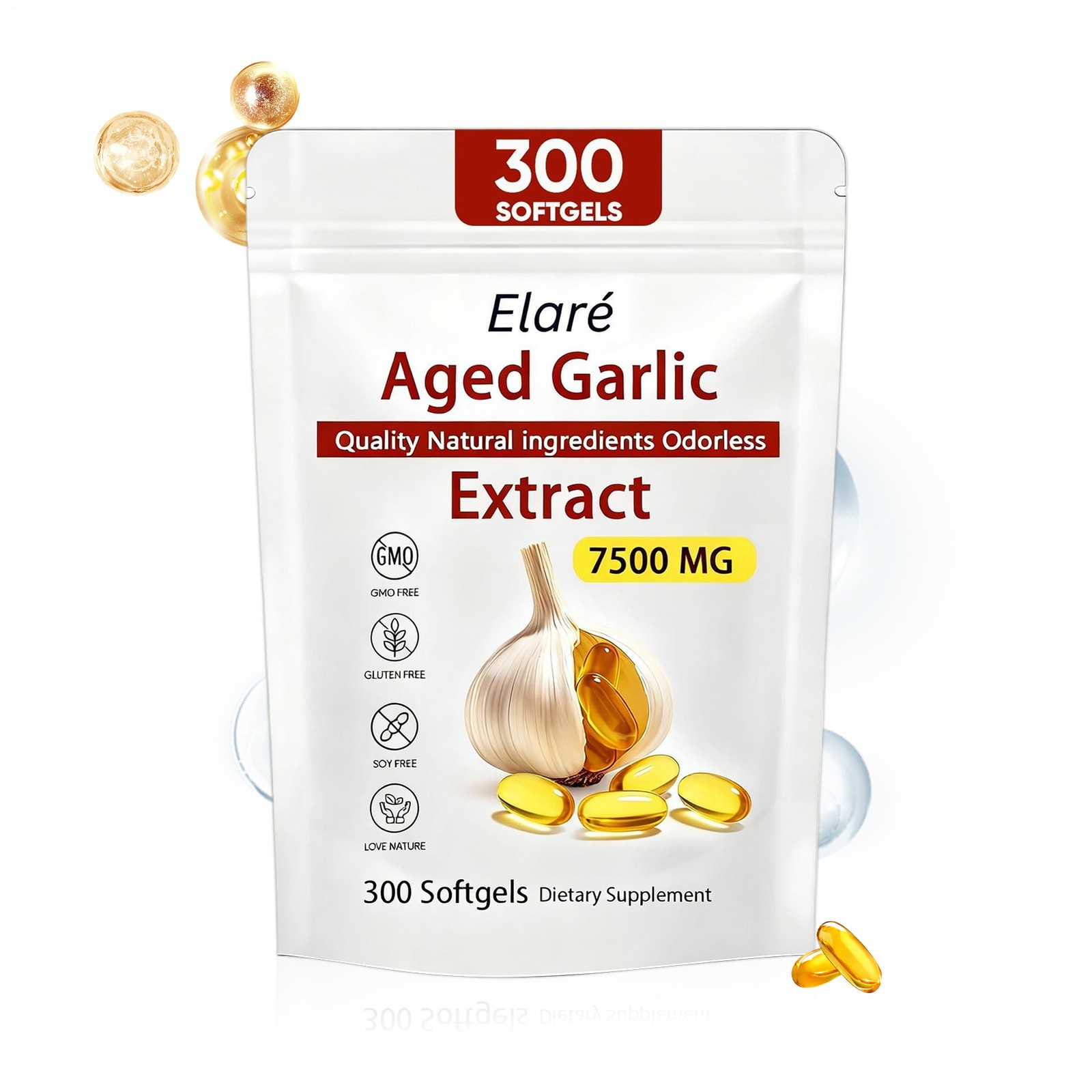 Elare Aged Garlic Extract, Immune 7500mg Softgels, Odorless – Heart & 300 1 Pack