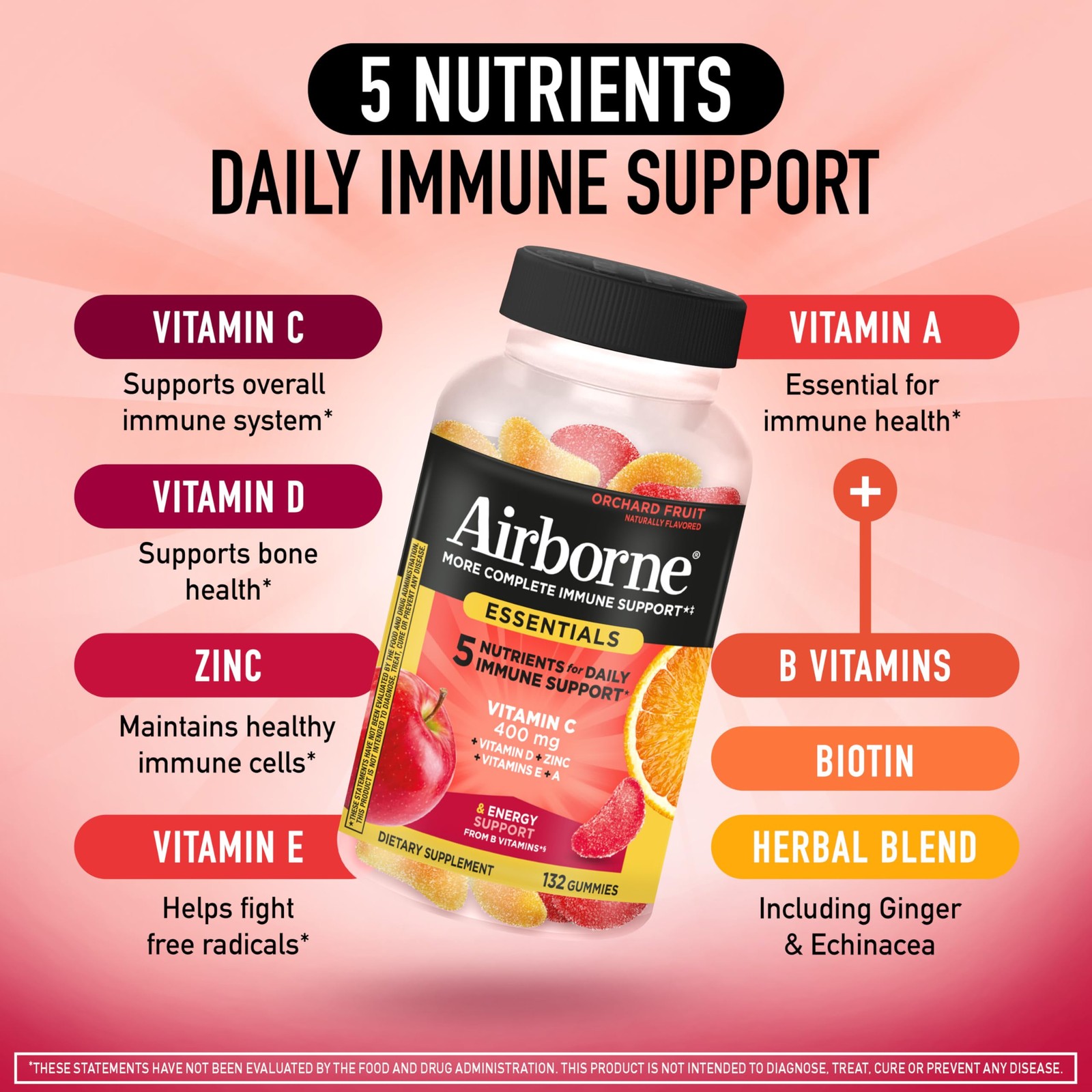 Airborne Immune Essentials 132 Count (Pack of 1), Orchard Fruit Flavor
