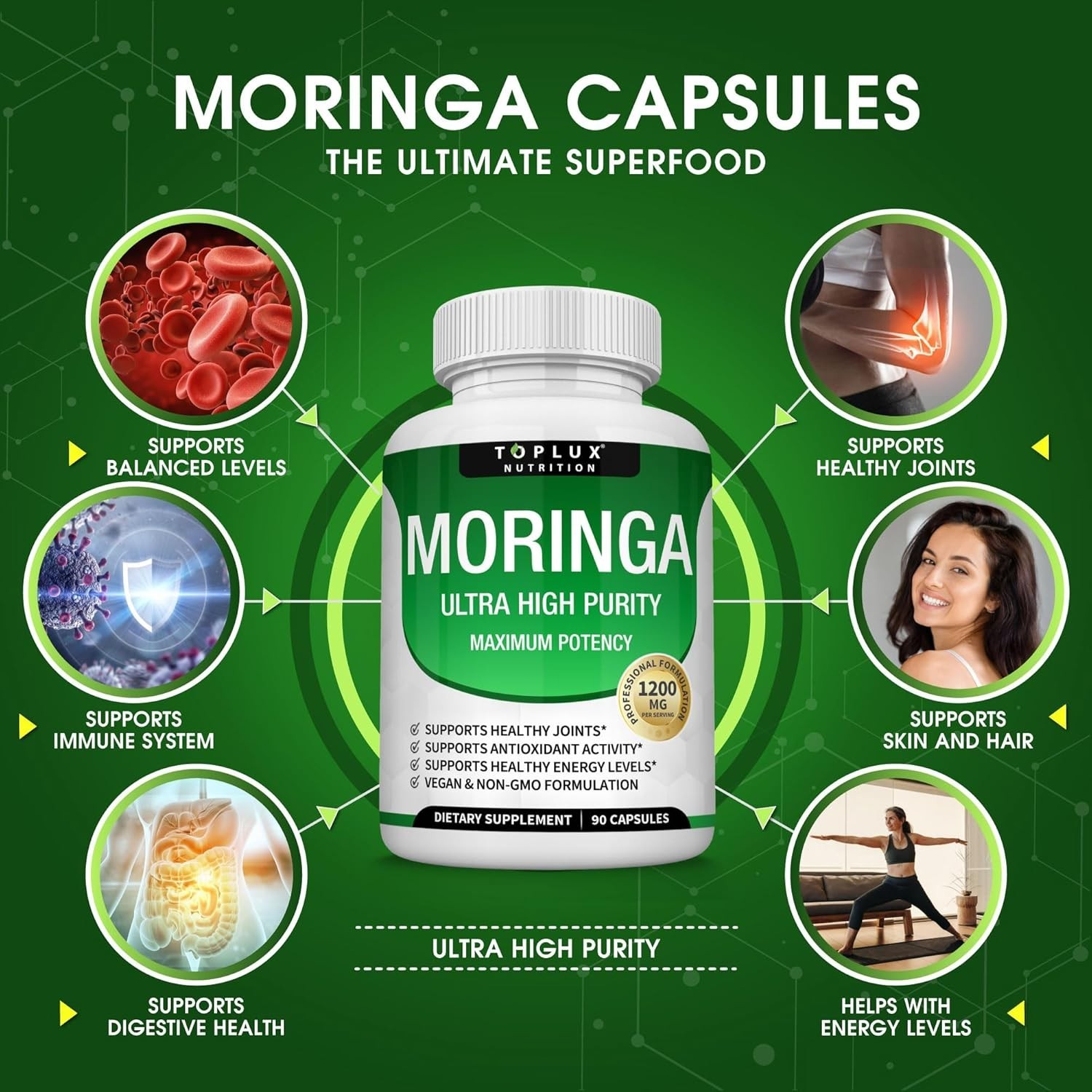 Toplux Moringa Capsules – 3-Pack – 1200mg – 270 Capsules – Vegan, Non-GMO