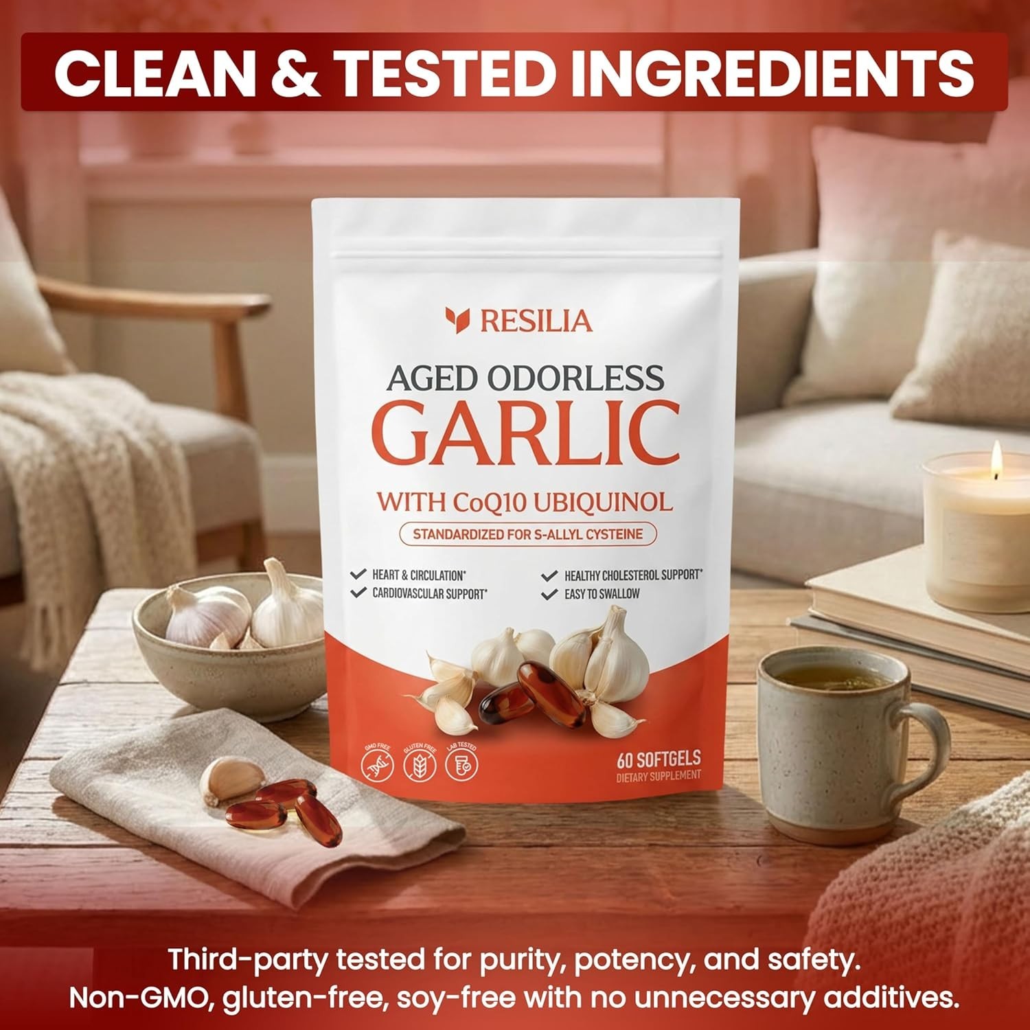 Resilia Garlic Extract 600mg Softgels (60 Count) – Odorless Aged Garlic Extract