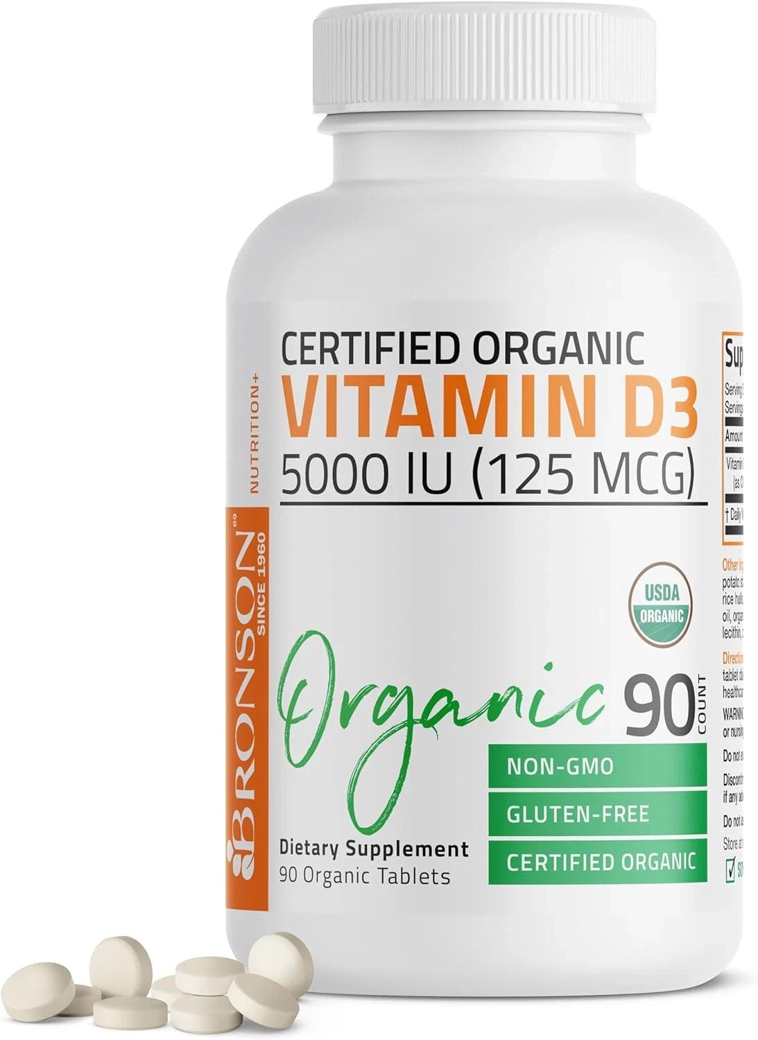 Bronson Vitamin D3 5000 IU Certified Organic Vitamin D Supplement 125mcg Tablets