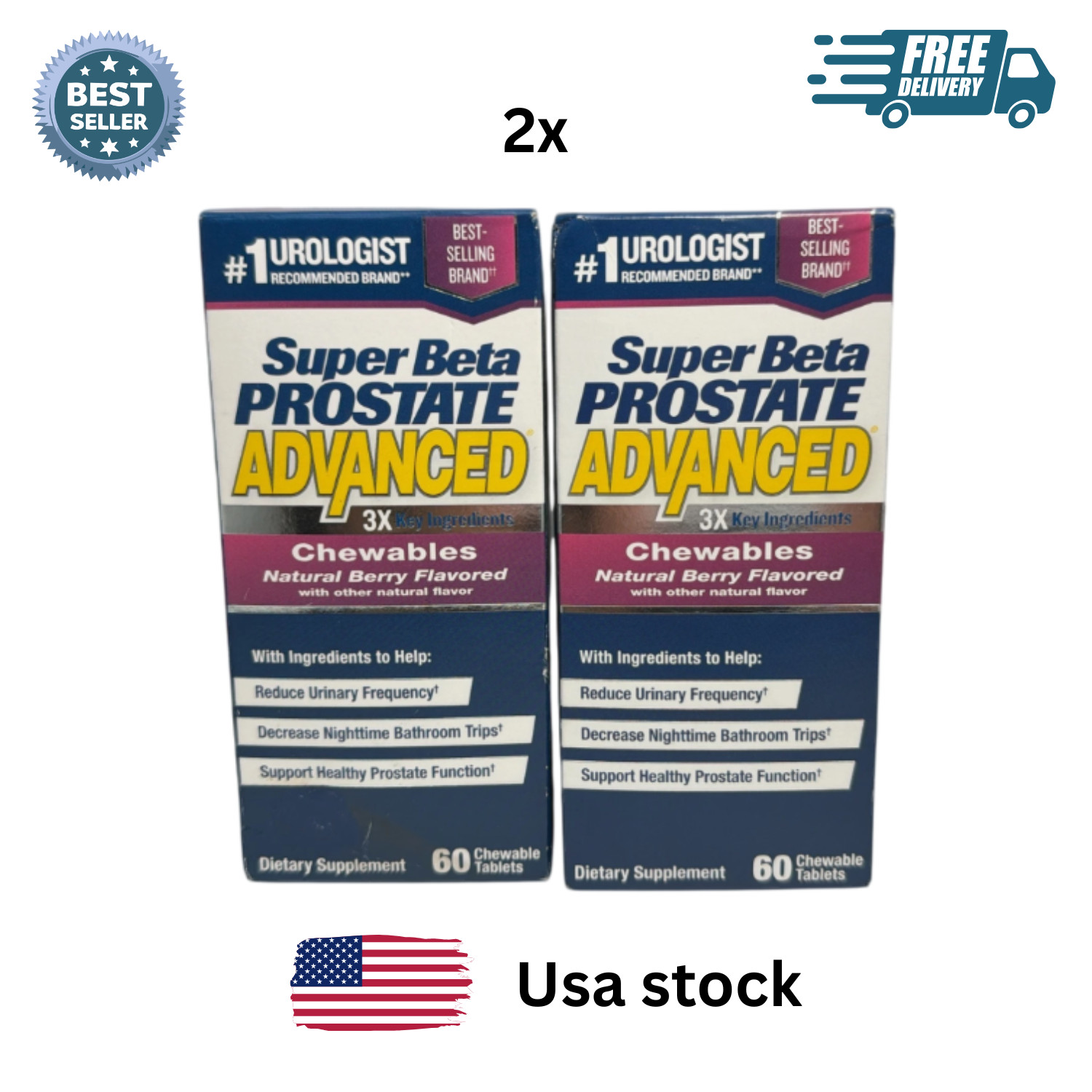 2 Pack Super Beta Prostate Advanced Berry Chewables Men’s Health total 120 ct