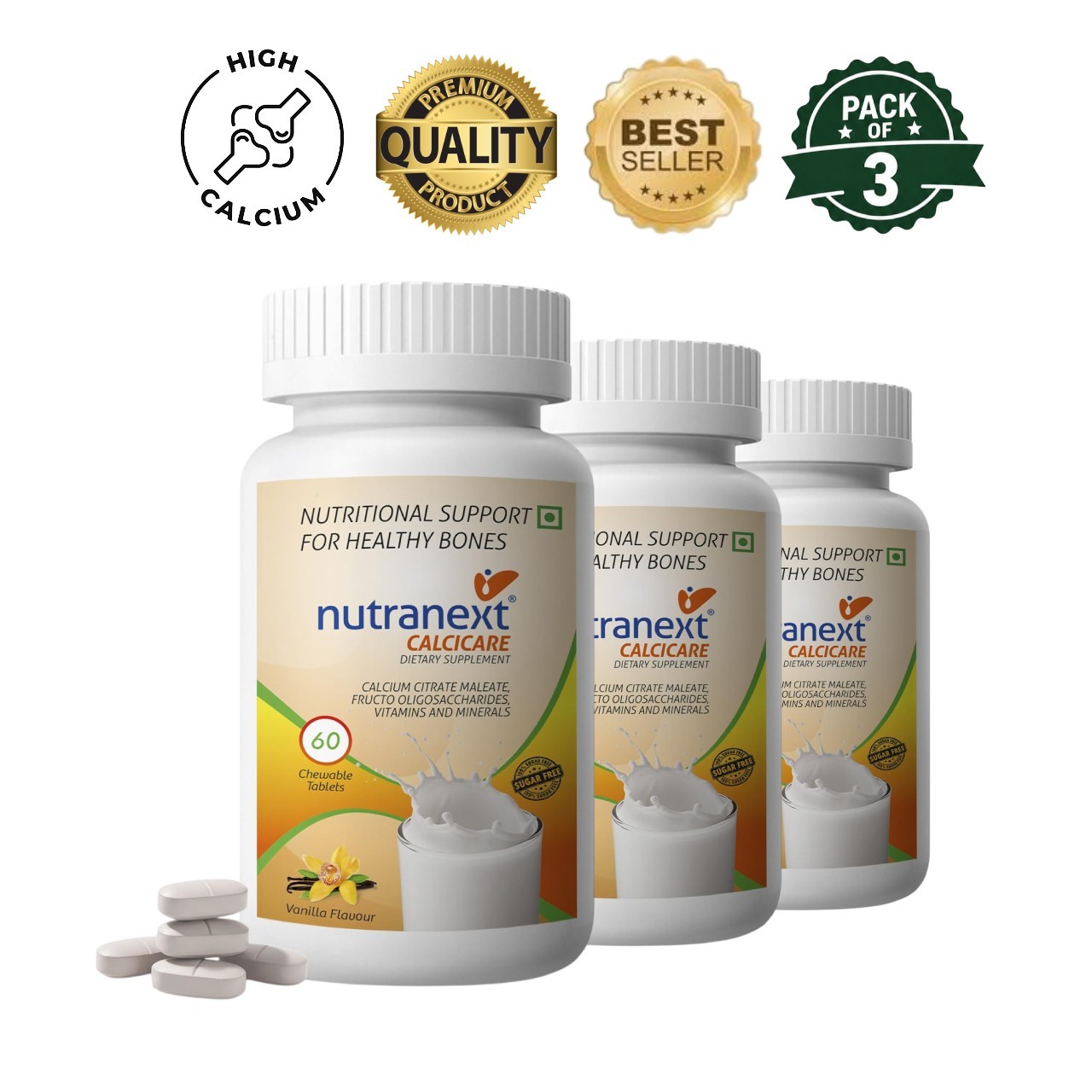 3 Pack Nutra.next Calcicare Calcium 180 Vanilla Tabs