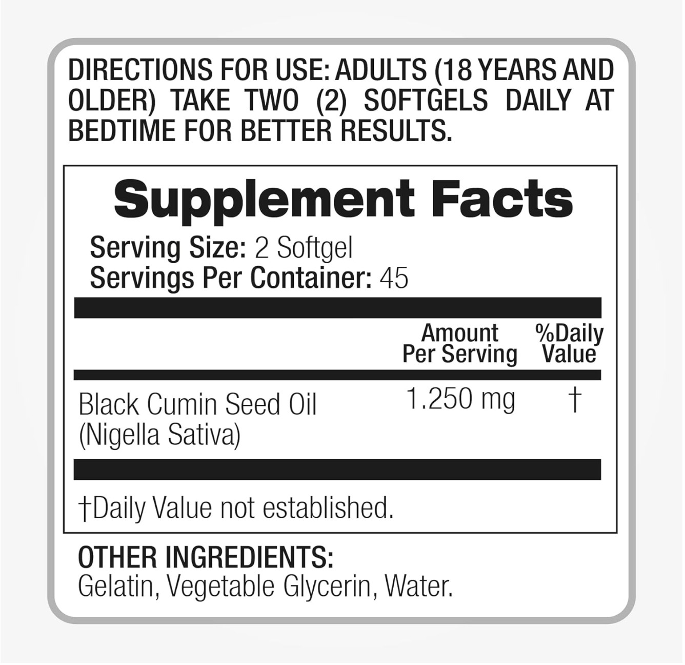 Organic Black Seed Oil 1250mg | 90 Softgel Capsules | Non-GMO | Gluten Free